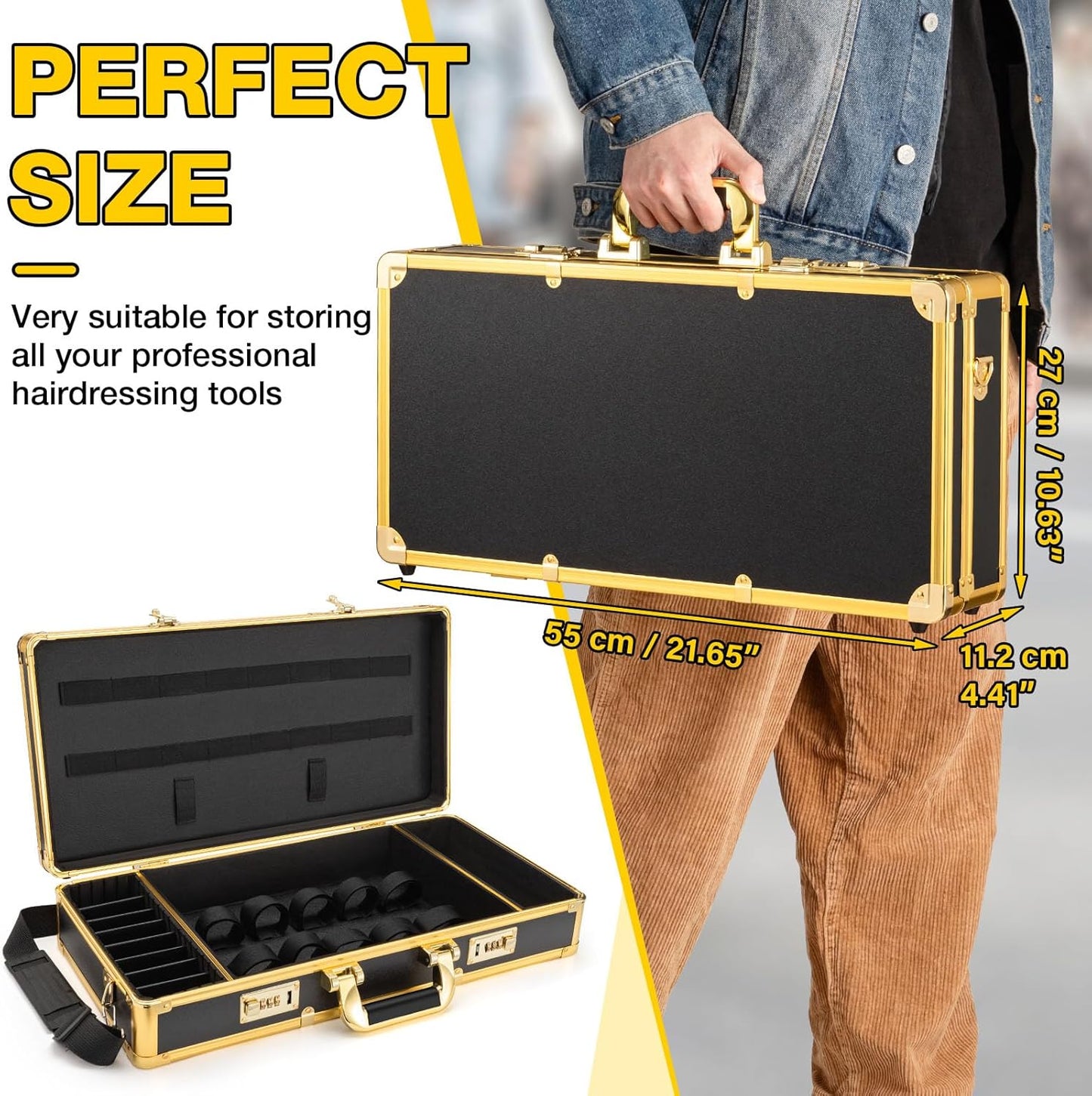Noverlife Upgraded Large Barber Travel Briefcase, 22x11x5in Portable Barber Carrying Suitcase Salon Case with Code Lock, Gold Barbershop Travel Case Hairdresser Tool Storage Organizer Box for Clipper