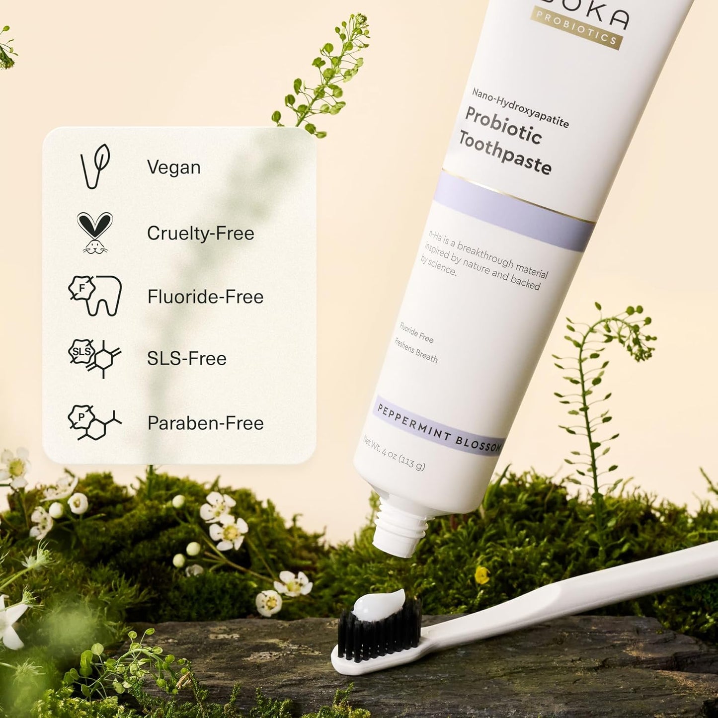 Boka Fluoride Free Toothpaste, Nano Hydroxyapatite Toothpaste, Appropriate for Sensitive Teeth - for Adult, Kids Oral Care - Probiotics - Peppermint Blossom, 4 Fl Oz 1Pk US Manufactured