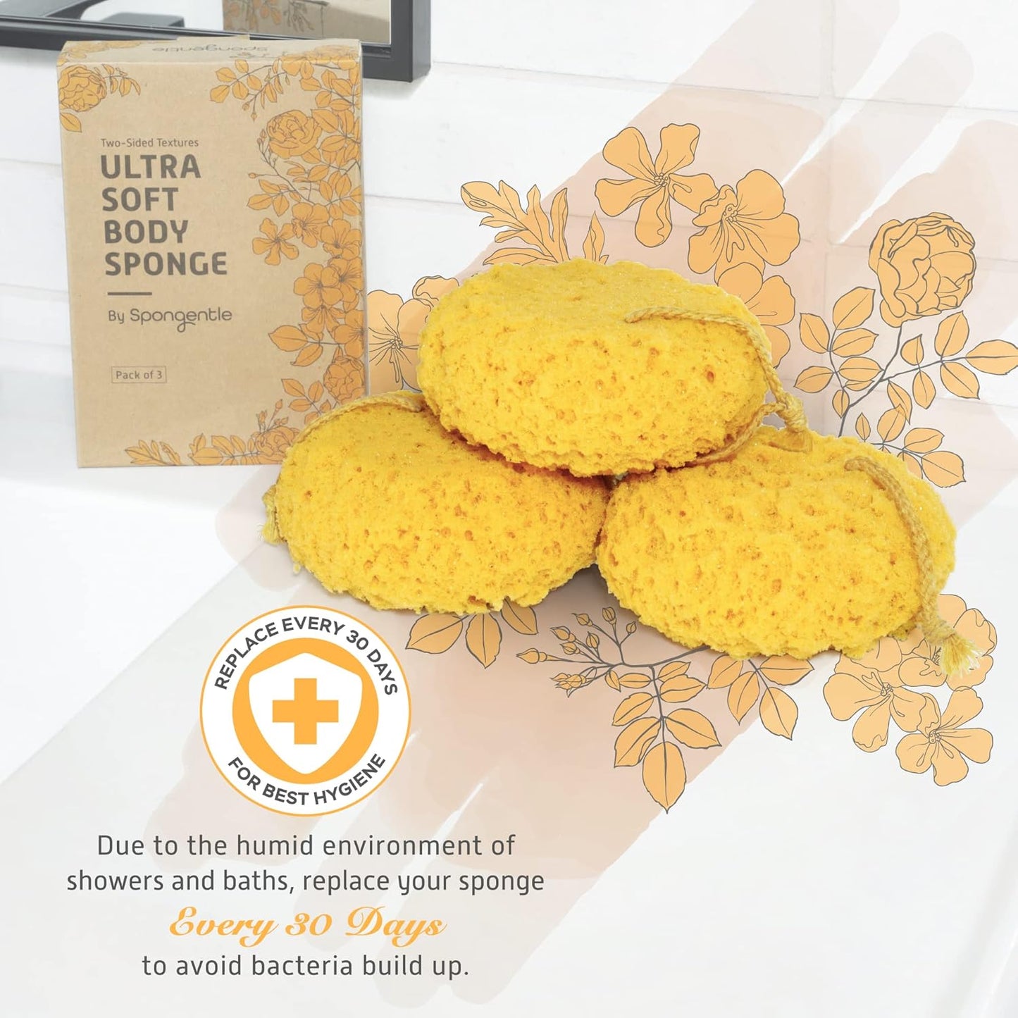 Spongentle Deep Cleansing Body Loofah Sponge, Natural Colors, for Bath and Shower, Multiple Textures for Gentle and Deep Exfoliation, Generous and Rich Lather, (Pack of 3)