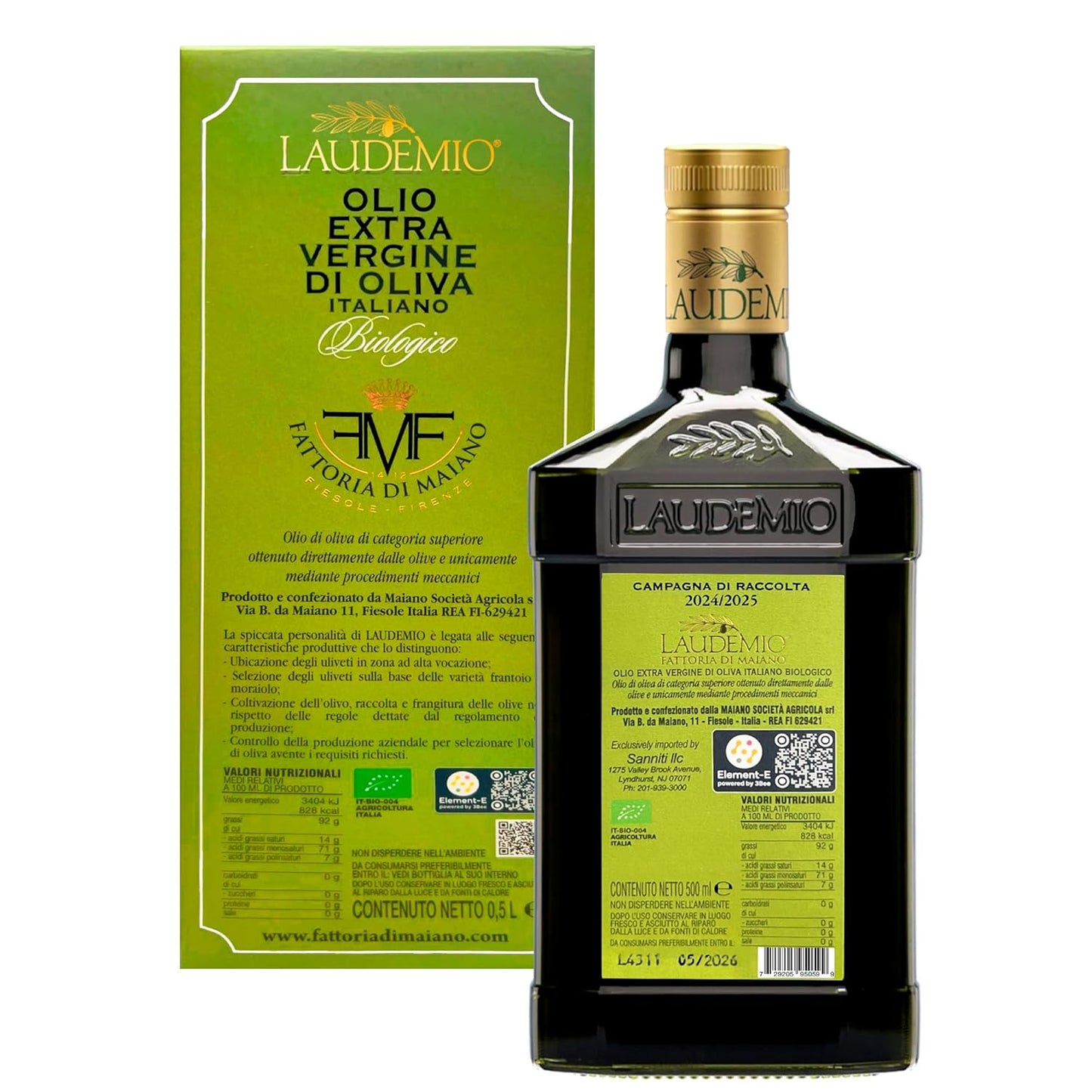 Sanniti Laudemio Organic Extra Virgin Olive Oil Fattoria di Maiano, Gold Award Winner at NYIOOC World Olive Oil Competition, 16.9 oz