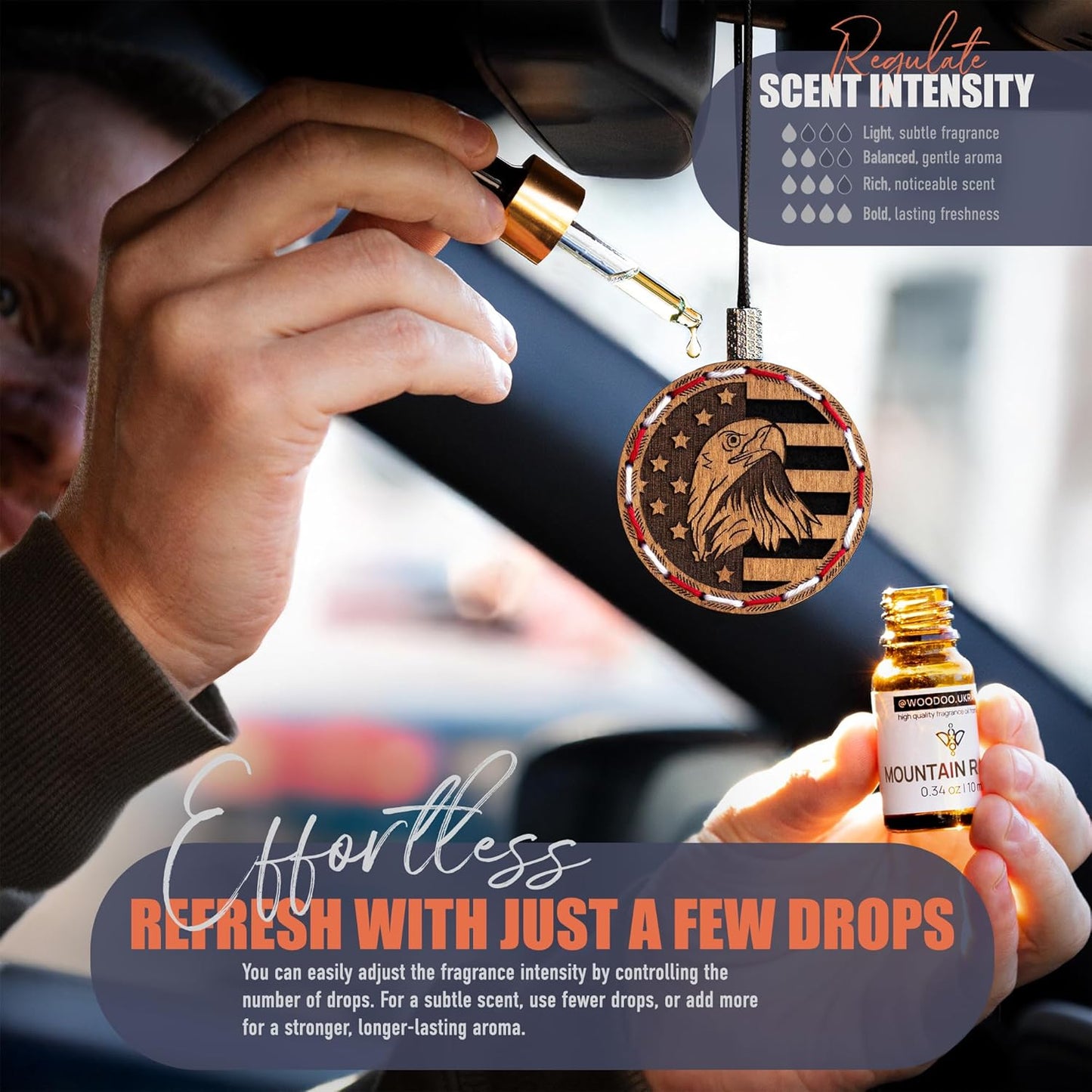 Wood Car Air Freshener — Handcrafted Air Freshener — American Flag Hanging Fragrance Oil Diffuser in Wooden Gift Box — Christmas Gift for Car with Mountain Rain Fragrance Oil - 10 ml