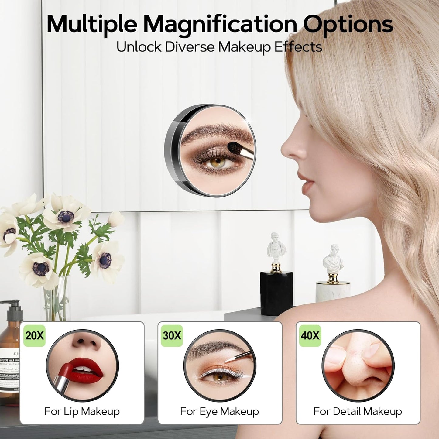 MIYADIVA Magnifying Mirror 40X/30X/20X, 3.5 Inch Round Compact Mirror with Suction Cup, 2Ps Stainless Steel Tweezers, Perfect for Makeup, Eyebrows, Beards, Travel
