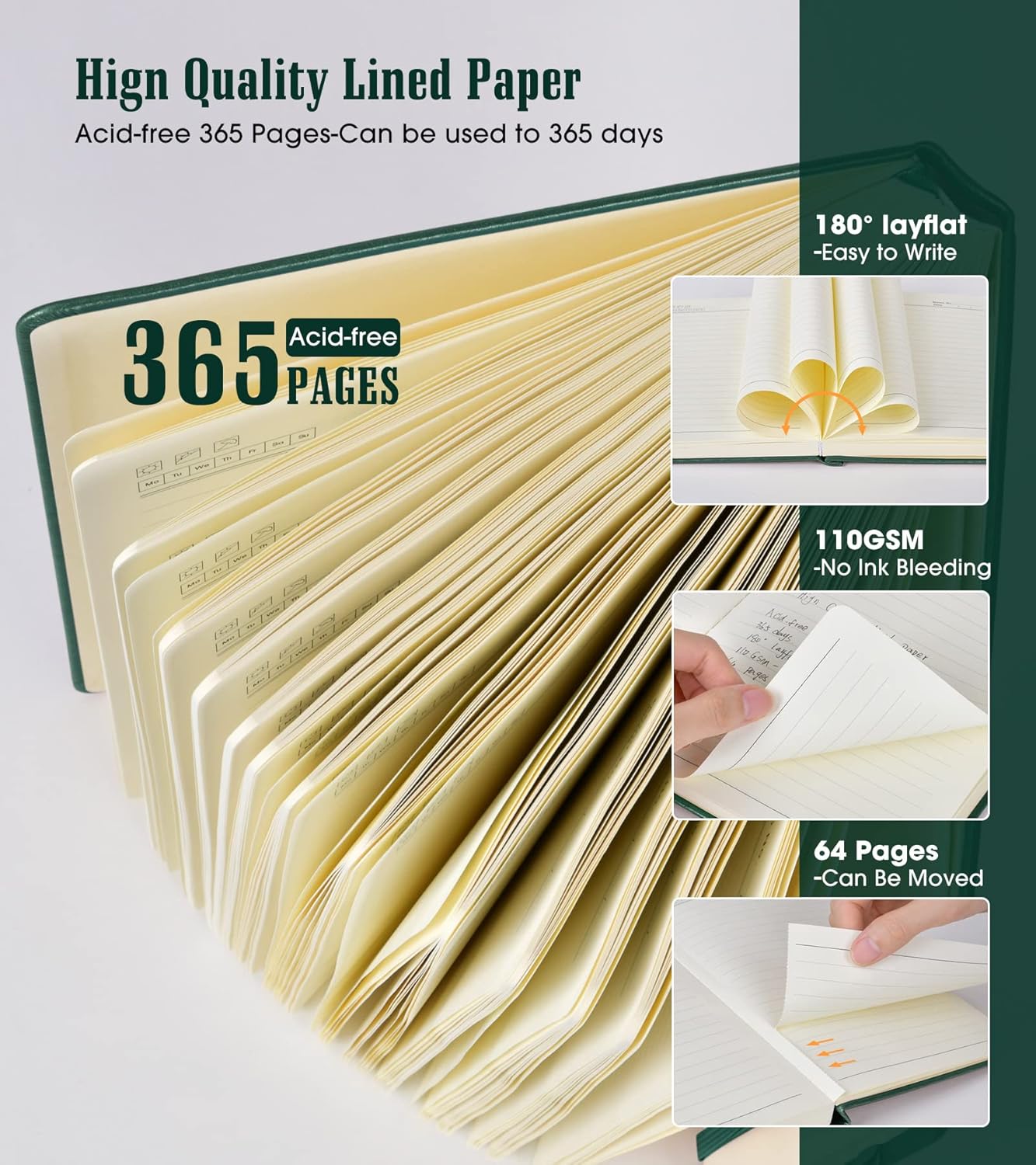 Lined Journal Notebook, 365 Pages B5 Large Journals for Writing Ruled Notebook, Hardcover Leather Journal for Women Men, Daily Notebook for Work, Note Taking, 100Gsm Thick Paper( 7.6'' X 10'' Green)