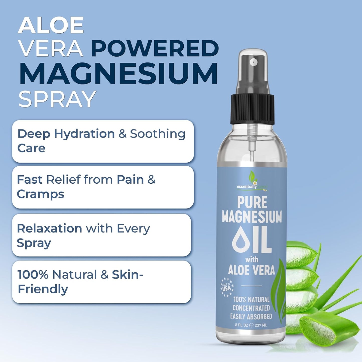 Pure Magnesium Oil Spray with Aloe Vera 8oz - Topical Magnesium Spray - Less Itchy - 100% Organic Oil - Made in USA
