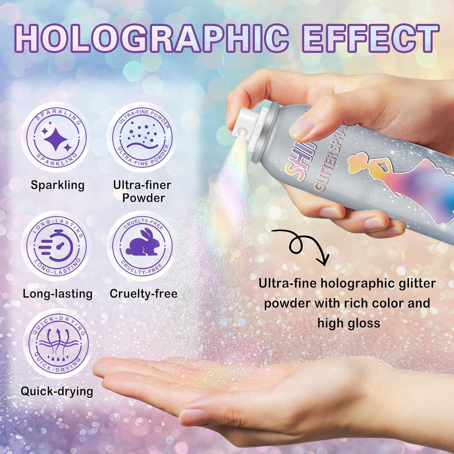 Body Glitter Spray,150ML Glitter Hairspray,Long-Lasting and Quick-Drying,Shimmer Spray for Kids Women,Suitable for Festival Music Concert Party,4.2 Fl Oz (Rainy-Rainbow)