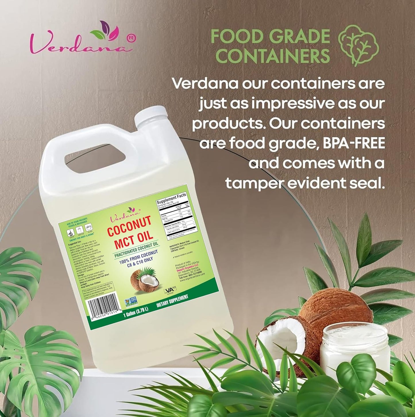 Verdana MCT Oil, Fractionated, 100% from Coconut - 1 Gallon - Kosher Food Grade, Vegan, Non-GMO - Great for Keto and Paleo Diet, Oil Pulling Oral Rinse Mouthwash (128 Fl Oz)