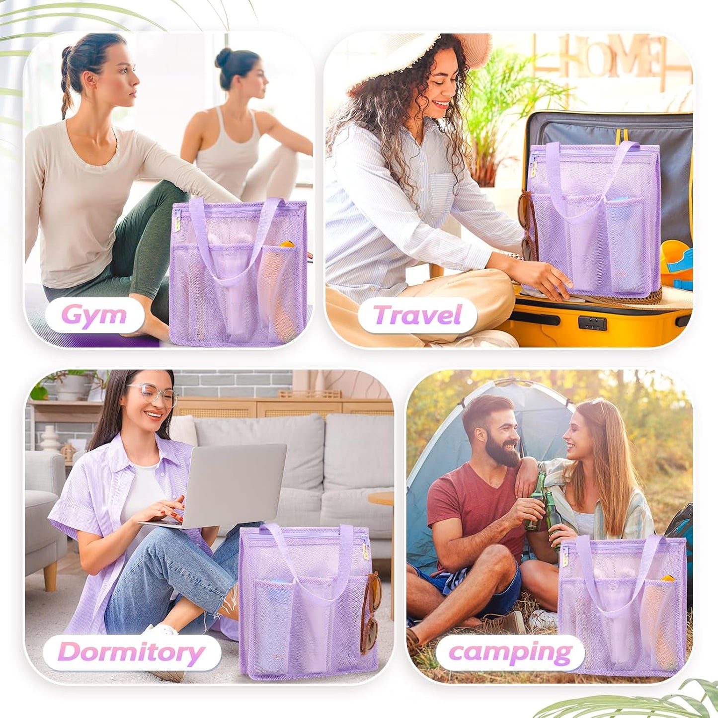 Portable Mesh Shower Caddy, Gym Travel Camp Dorm Room Essentials for College Student Girl, Purple Bathroom Shower Bag