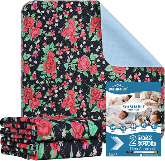 OUTCREATOR® Washable Bed Pads 34" x 76" (Pack of 2), Incontinence Mattress Protector, Anti-Slip Waterproof Underpads for Adults Kids Elderly Pets, Absorbency & Reusable Bedwetting Pads (Red Flower)