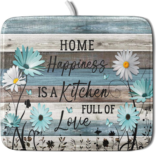 Daisy Floral Dish Drying Mat 16x18 Inches Rustic Wood Microfiber Absorbent Reversible Dish Draining Pad Fast Dry Kitchen Accessories