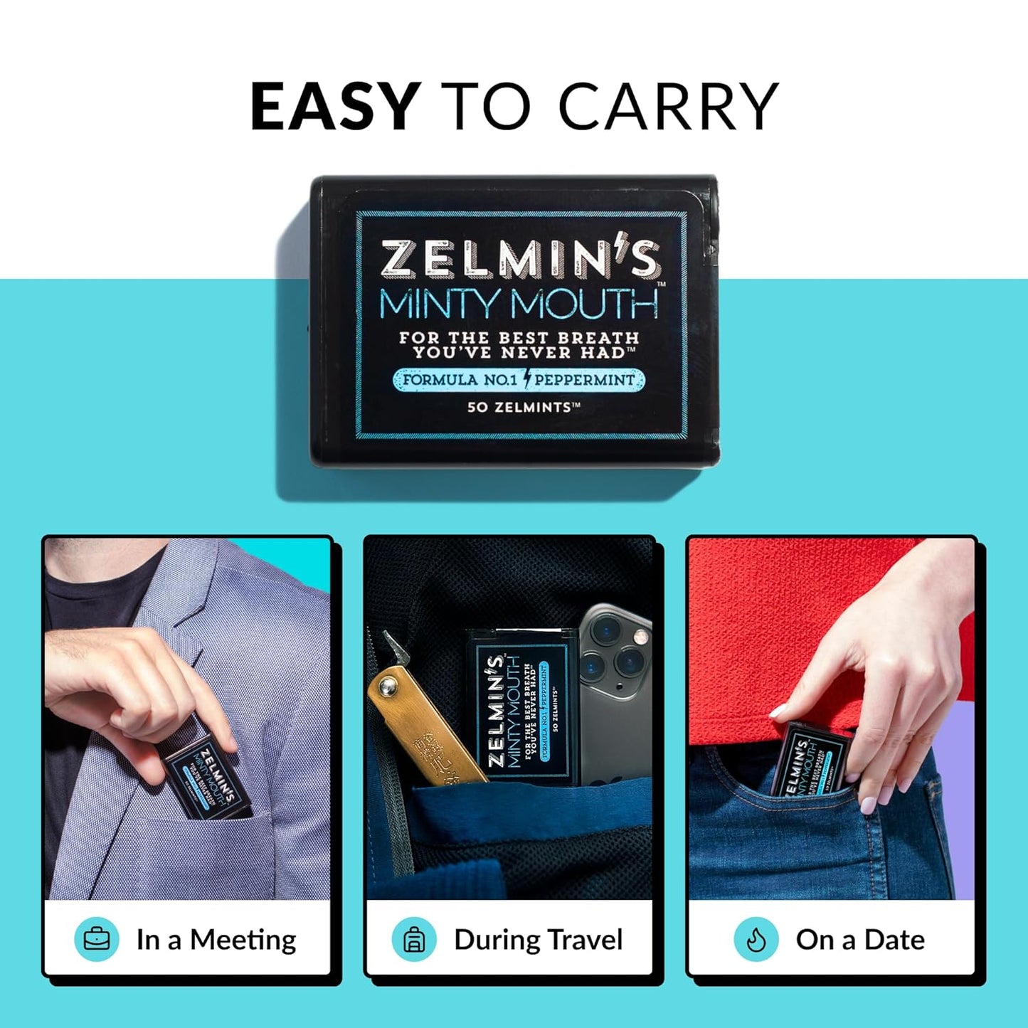 Zelmin's Minty Mouth Breath Freshener - (5 Pack) Long Lasting Bad Breath Treatment for Adults, Instant Freshness Helps with Dry Mouth, Natural Breath Mints for Travel, Alcohol-Free, Keto, Gluten-Free