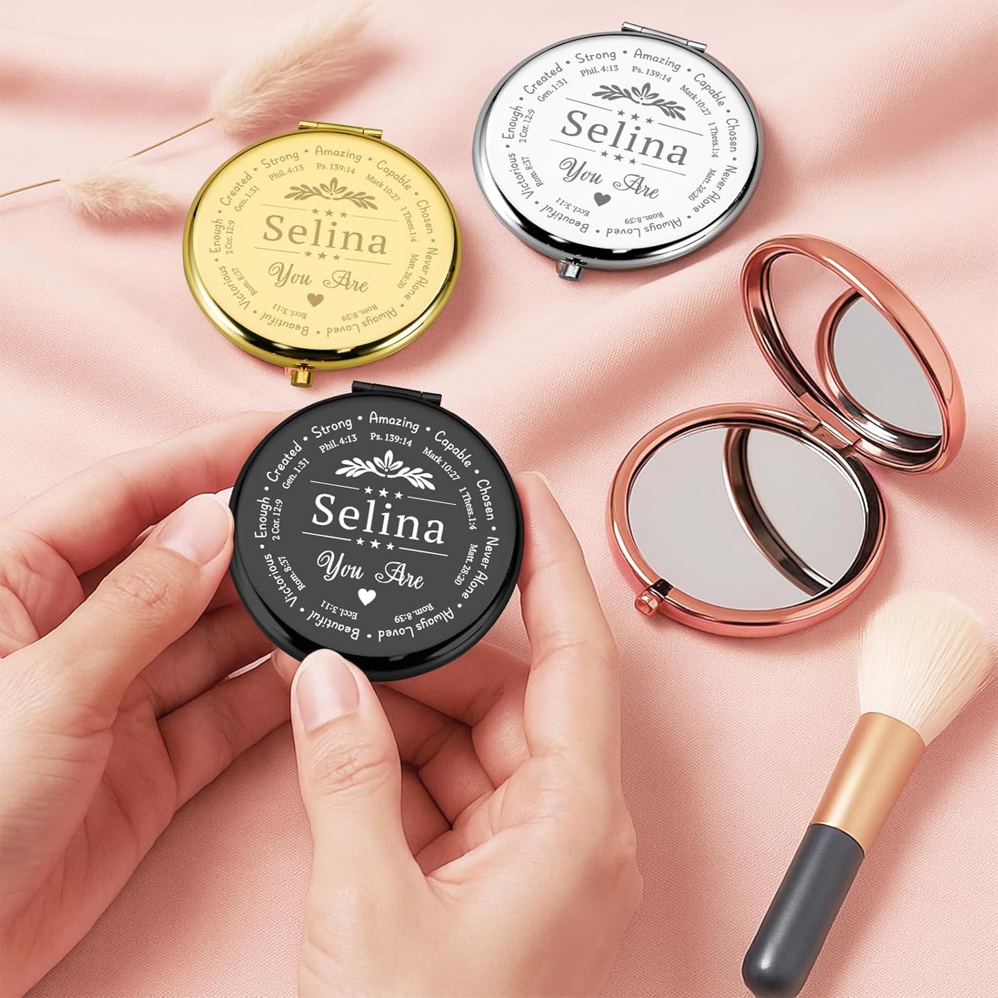 Personalized Inspirational Compact Mirror, Custom Name Christian Compact Mirrors Bulk, Double-Sided 1X/2X Magnifying Pocket Makeup Mirrors, Religious Gift for Women Sister Friend Girl, Birthday Gifts