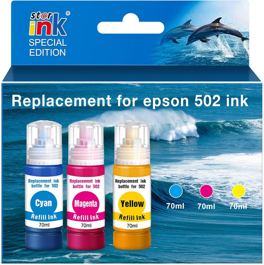 Replacement for 502 Ink Bottle Color Combo Pack Replacement for Epson 502 Compatible for EcoTank ET-2760 ET-2850 ET-4760 ET-3850 ET-15000 ET-2760 ET-4850 ET-2750 Printer (Cyan/Magenta/Yellow)