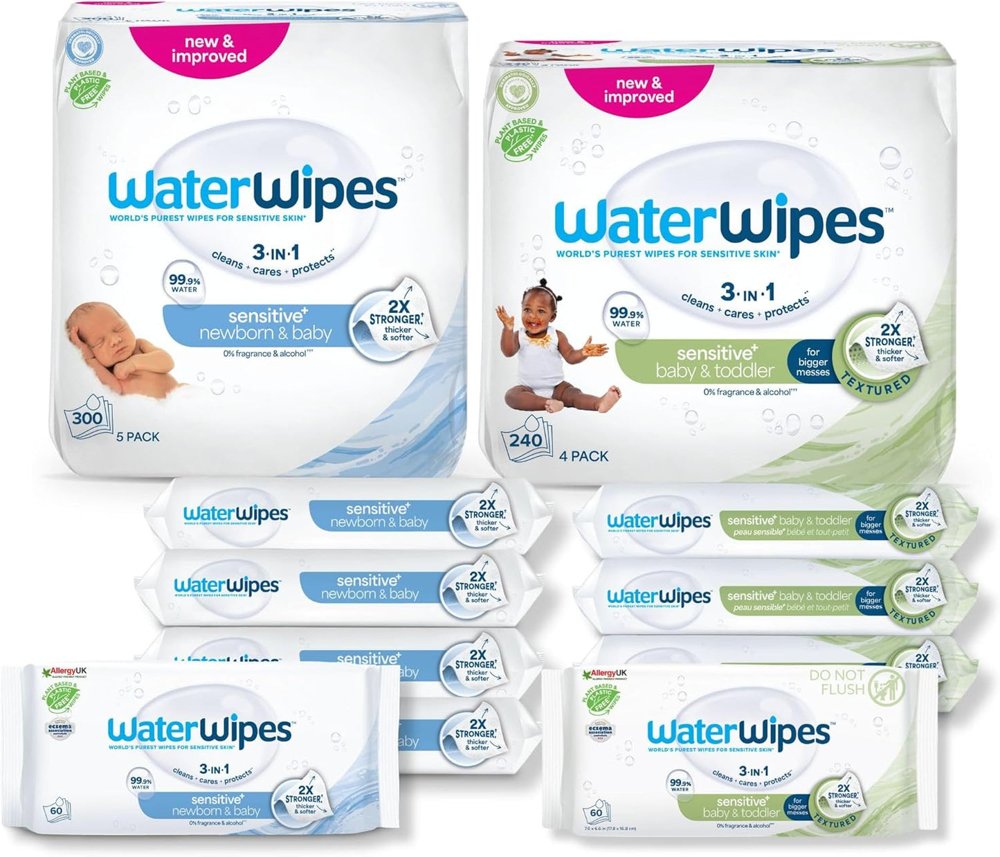 WaterWipes Bundle, Original 300 Count (5 packs) & Textured Clean Wipes 240 Count (4 packs), Plastic-Free, 99.9% Water Based Wipes, Unscented, Hypoallergenic for Sensitive Skin, Packaging May Vary