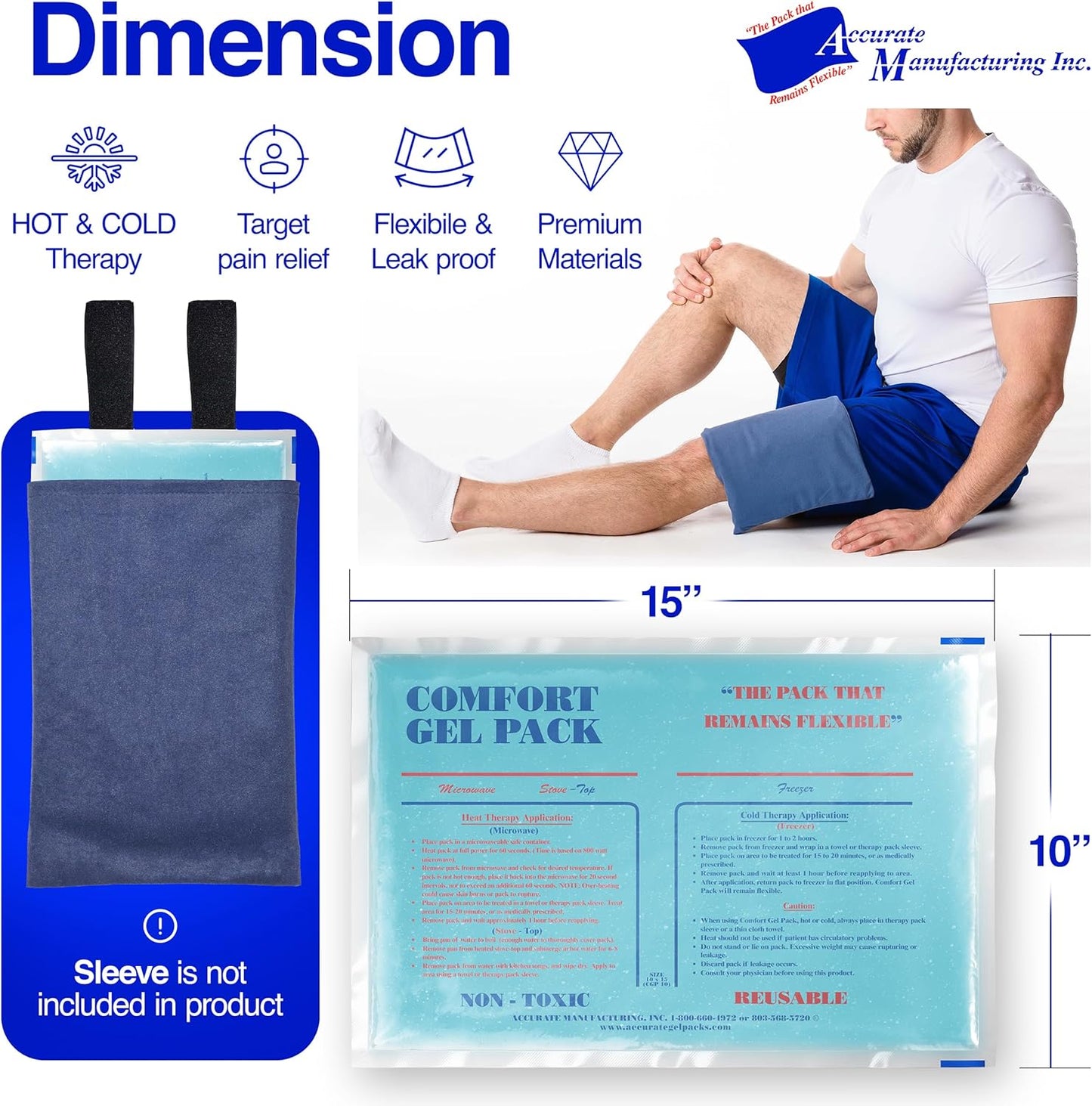 Flexible Reusable Gel Packs for Neck, Wrist, Arm, Back and Shoulder Pain Relief - Versatile Hot or Cold Gel Packs for Injuries, Sore Muscles or Toothache Pain Relief, Blue, 10" x 15", 2 Pack