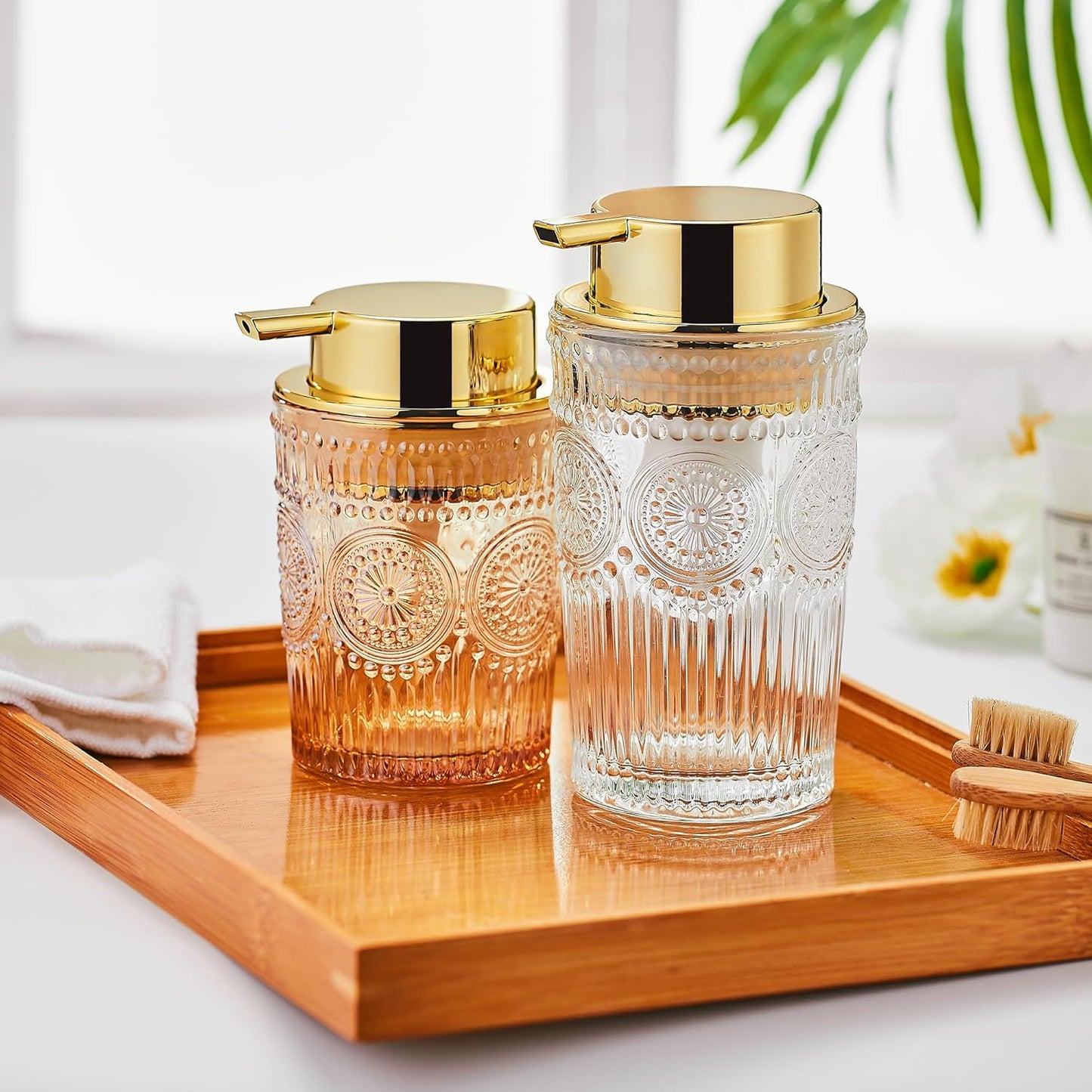 Glass Foam Soap Dispenser - Toothbrush Holder & Refillable Lotion Dispenser (S-Gold-Foaming)