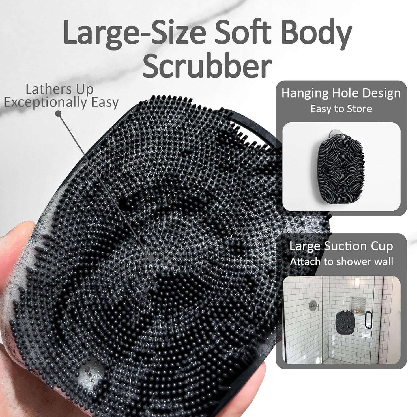 Soft Silicone Body Scrubber, Gentle Like a Hand Exfoliating Your Skin and Build Up Lather, Back Large Suction Cup Easy to Store, & Deep Clean (Body Scrubber + Face Scrubber Black)