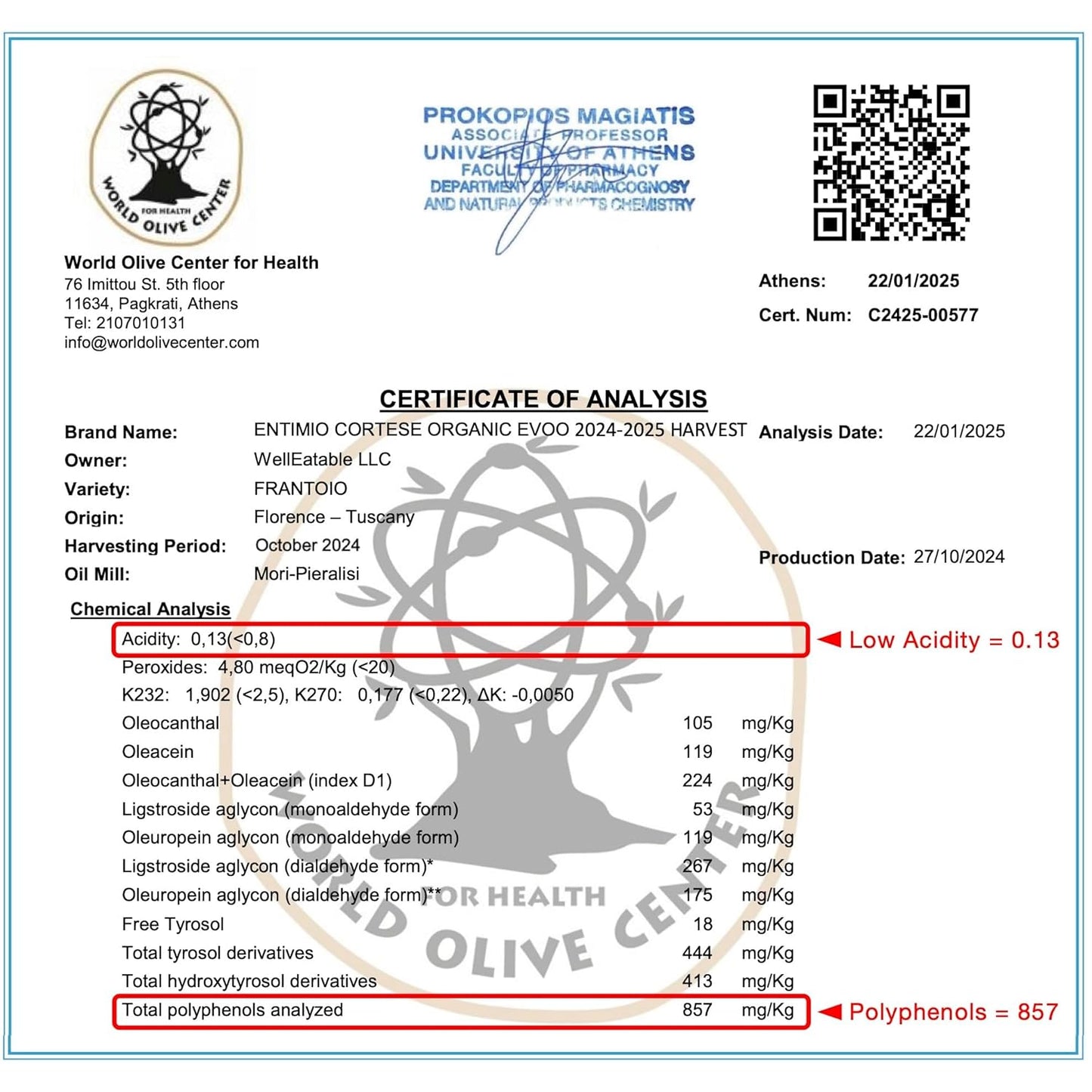 Entimio Cortese +700 mg/kg Polyphenol Rich Organic Extra Virgin Olive Oil, New 2024-2025 Early Harvest Italian Olive Oil from Tuscany, Italy, 2025 Gold Winner, Cold Extracted, Lab Tested - 16.9 fl oz