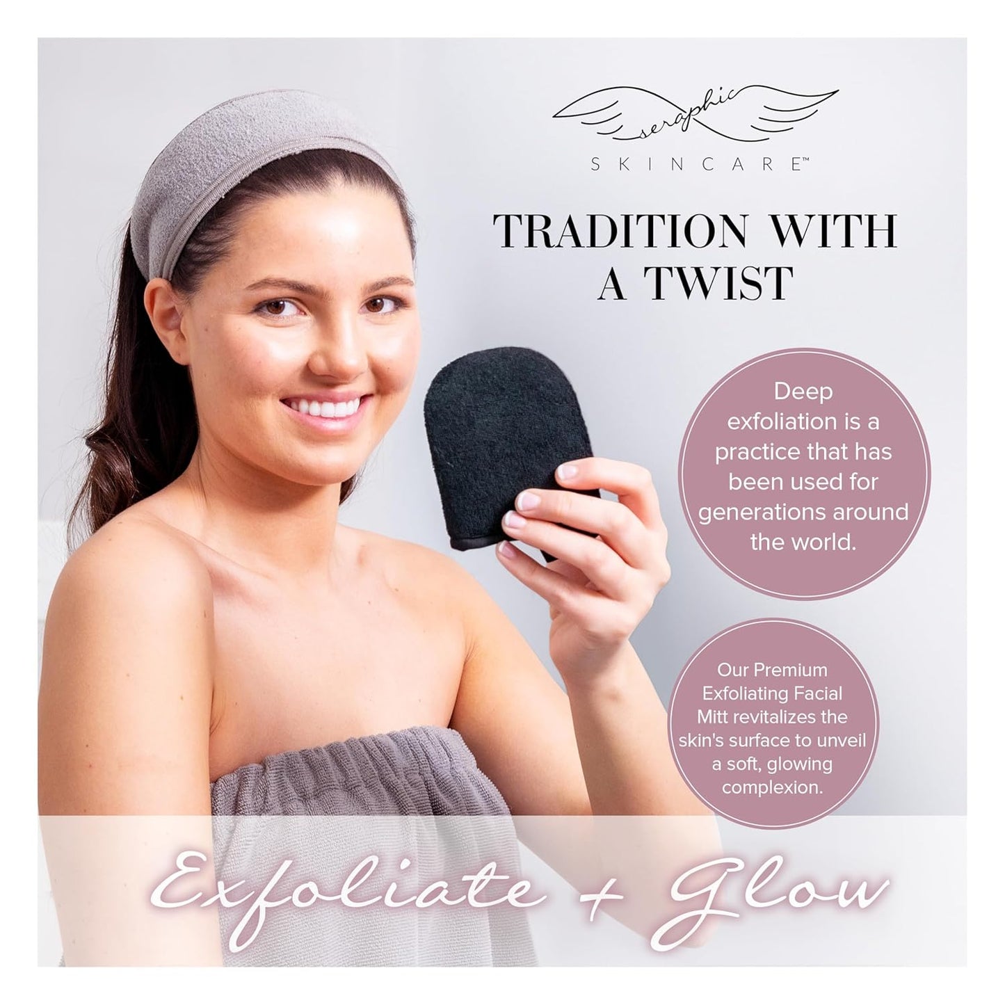 Seraphic Skincare Premium Exfoliating Facial Mitt – 100% Vegan Dual-Sided Face Scrubber with Viscose Washcloth – Makeup Remover Cloth for Gentle Cleansing & Exfoliation – Natural Dead Skin Remover