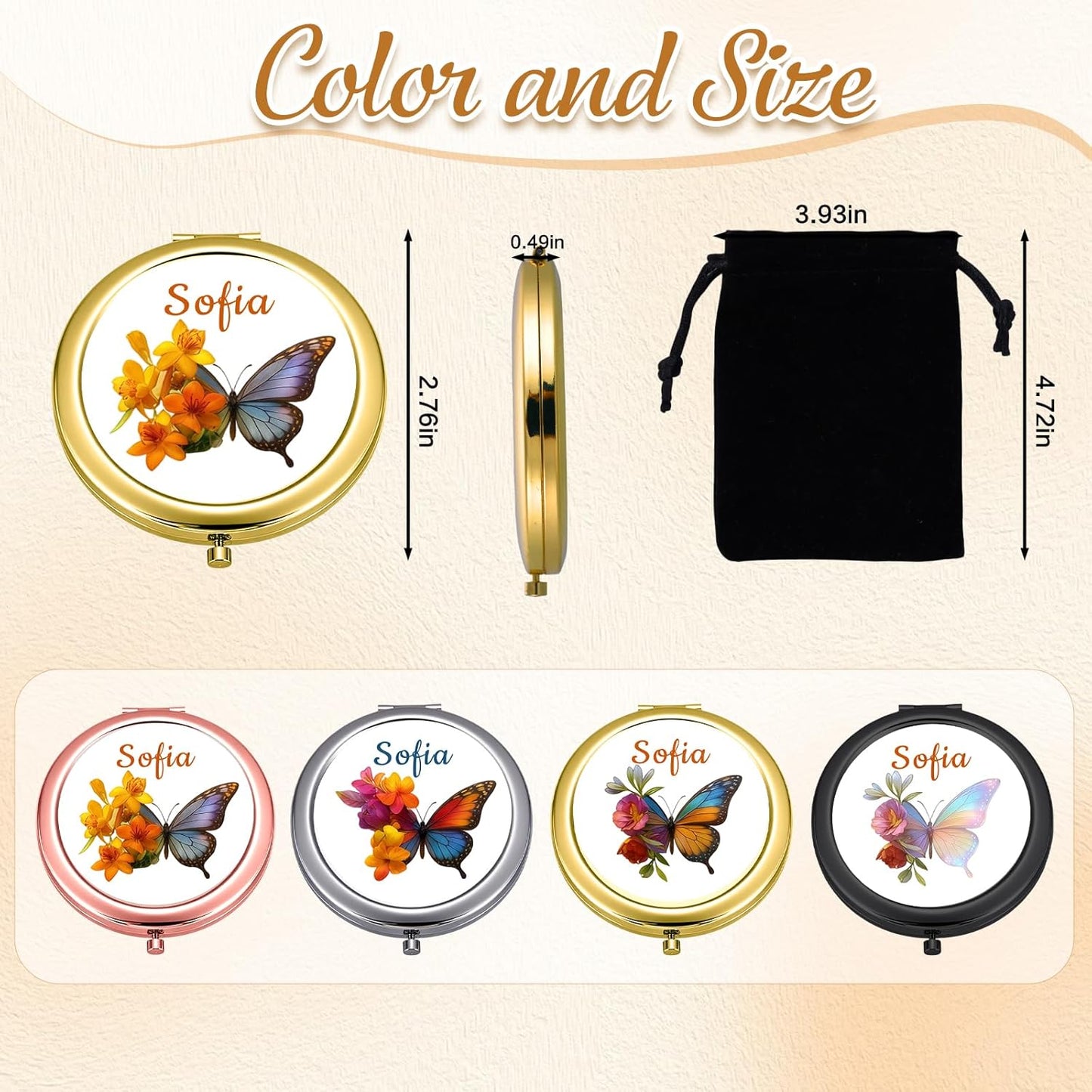 Custom Compact Mirror with Name - Personalized Flip Makeup Travel Pocket Mirror Gift for Women Bridesmaids Wedding Birthday (Butterfly Flower)