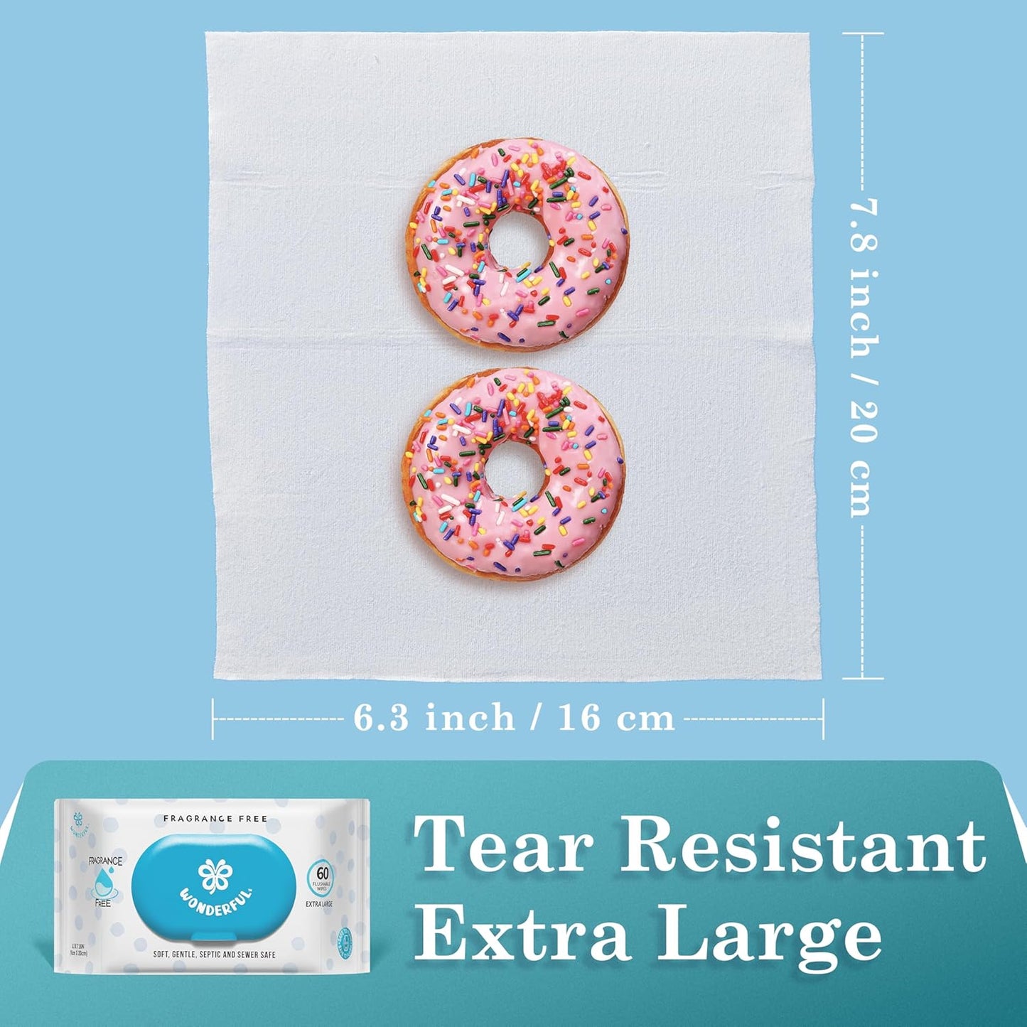 WONDERFUL Flushable Butt Wipes, Unscented 100% Plant-Based Wet Wipes for Adults & Kids, Sewer & Septic Safe, Gentle for Sensitive Skin, Wipes Flushable Pack for Bathroom & Travel, 1-Pack (60 Wipes)