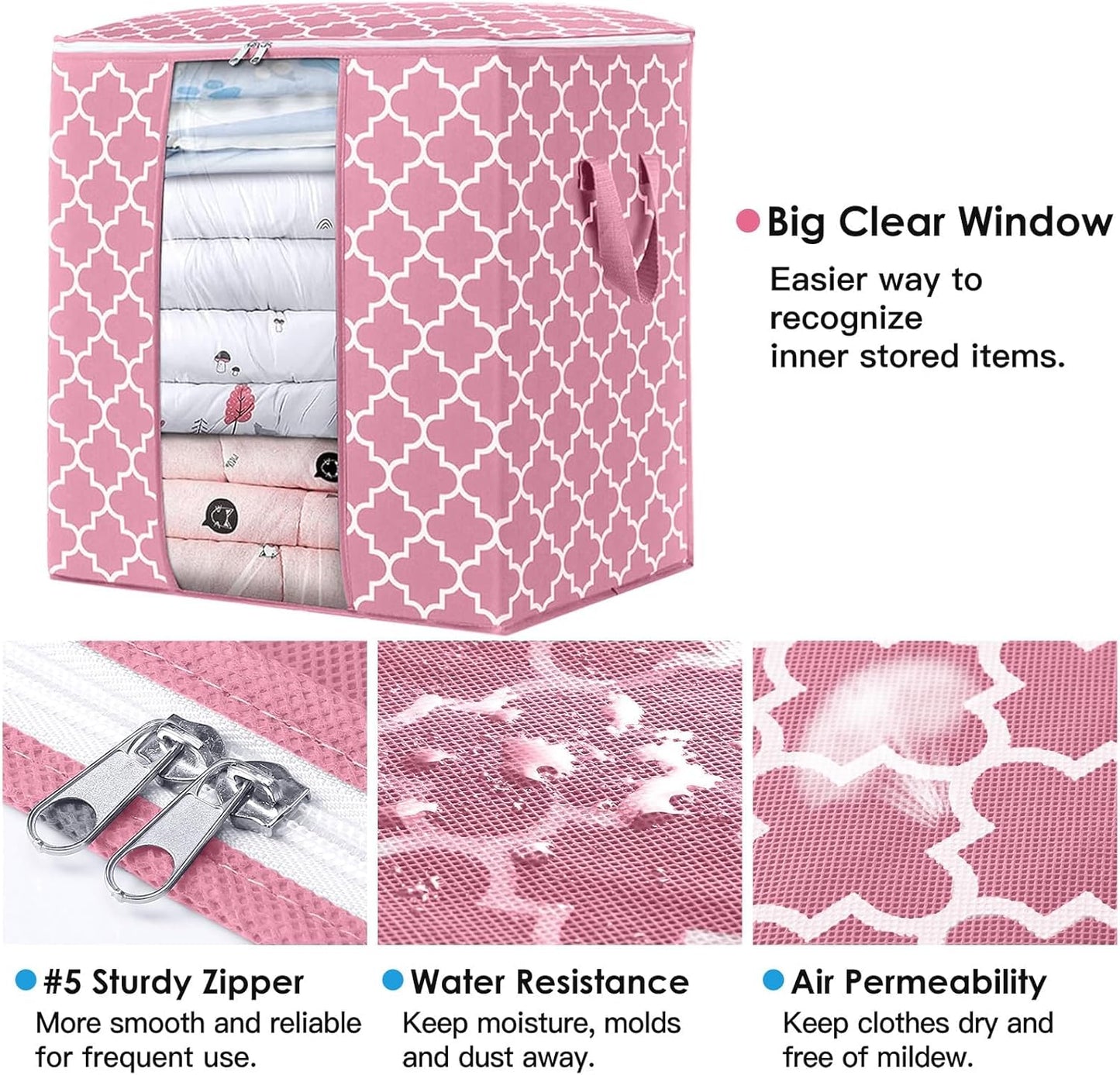 WISELIFE Storage Bags 4 Pack/100L Large Blanket Clothes Organization and Storage Containers for Comforters,Bedding, Foldable Organizer with Reinforced Handle, Clear Window, Sturdy Zippers,Pink