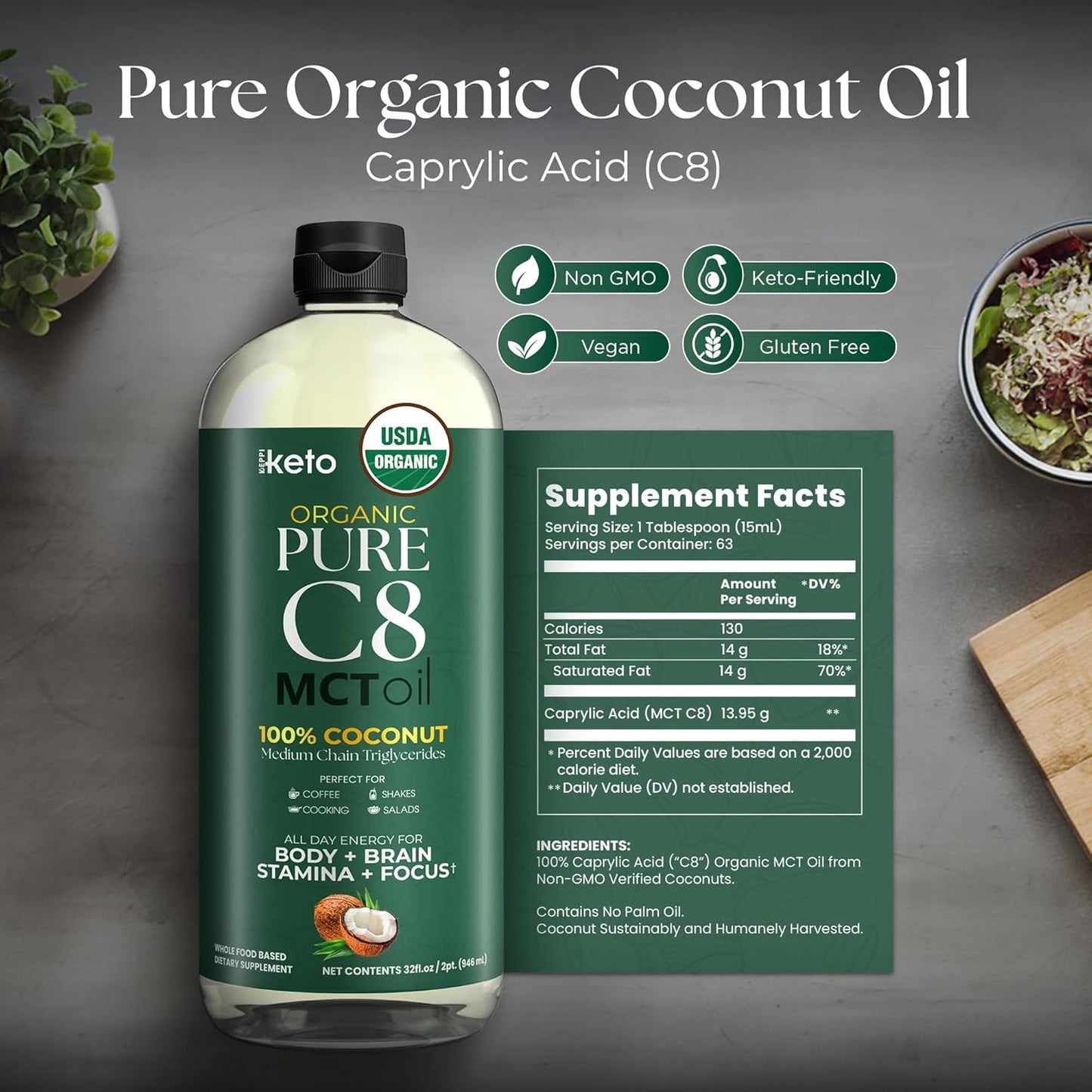 Keppi Keto Organic MCT Oil - Flavorless C8, Non-GMO, Certified Gluten-Free, Palm Oil Free, Vegan, Kosher, Halal, 32 oz Coconut Oil