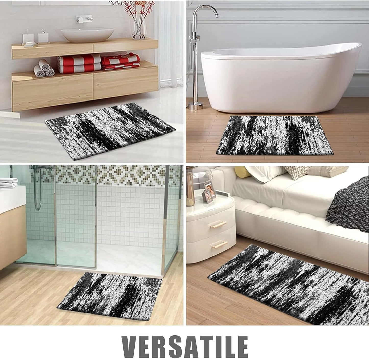 HDFK Graffiti Bath Mat | Non Slip Water Absorbent Quick Dry Woven Floor Mats | Thin Machine Washable Modern Shower Rug | Low Pile Profile Fit Under Door Vanity Room Bathroom Rugs | 24x17.7 Inch Black