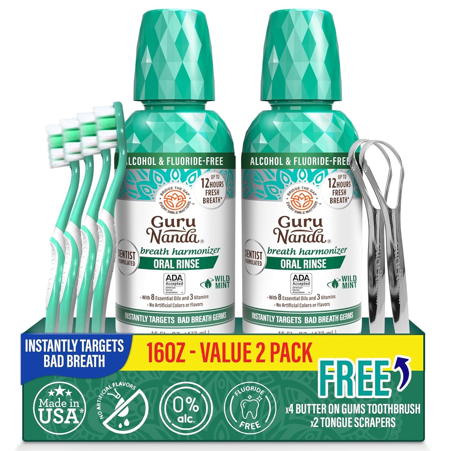 GuruNanda Fresh Breath Mouthwash, ADA-Accepted, Alcohol & Fluoride-Free, Sodium Chlorite, Essential Oils & Vitamins, 12-Hrs Fresh Breath, Wild Mint, 16 oz - 2 Pack