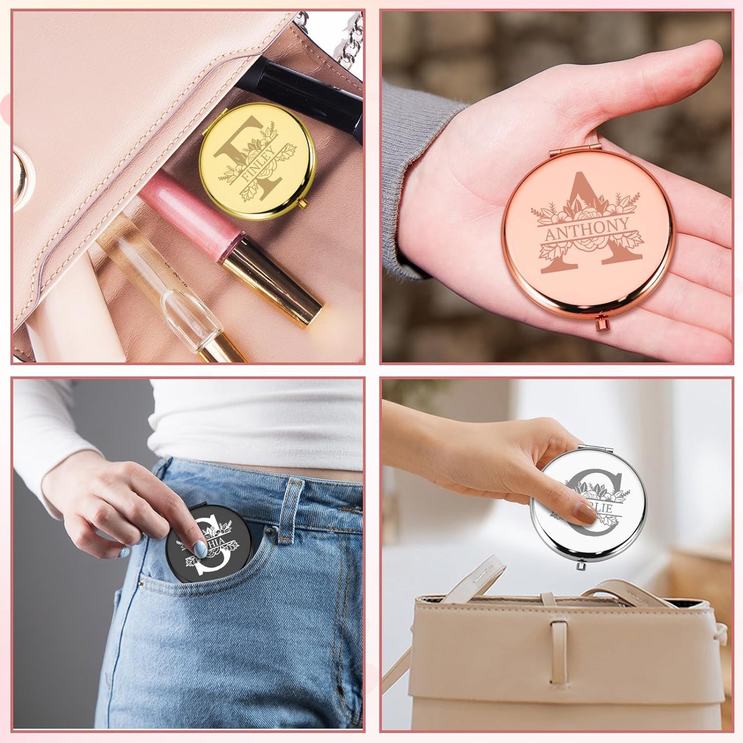 Personalized Pocket Mirror, Custom Compact Mirror with Initial and Name, Small Compact Travel Makeup Mirrors for Purse, Mini Purse Mirrors Gift for Women Girls Daughter Mom Grandma Bridesmaid Friends