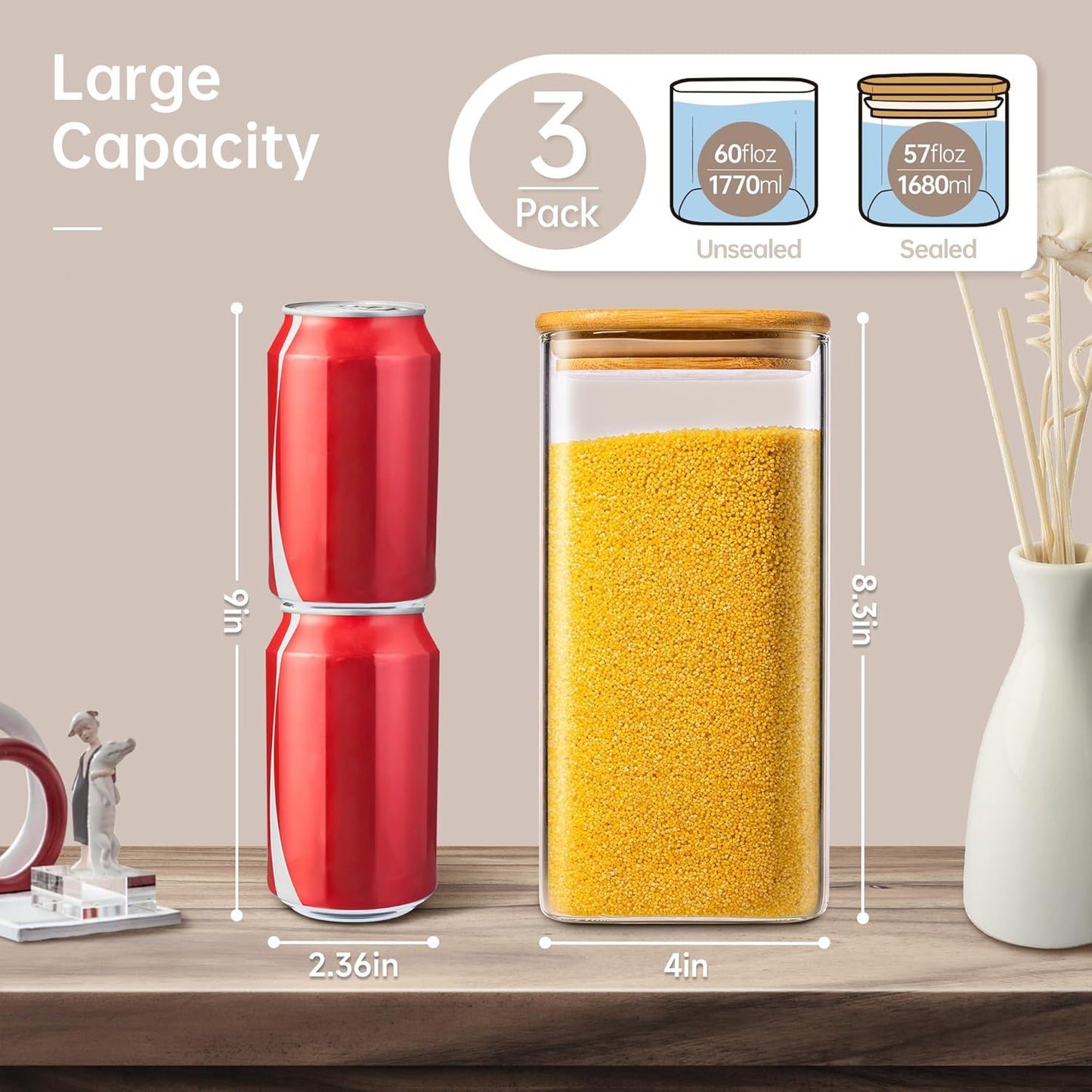 57oz - 3 Pack Square Glass Jars with Bamboo Lids, Glass Food Storage Containers with Airtight Lids for Kitchen, Air Tight Pantry Storage Containers for Cereal, Pasta, Rice, Sugar, Coffee, Spice