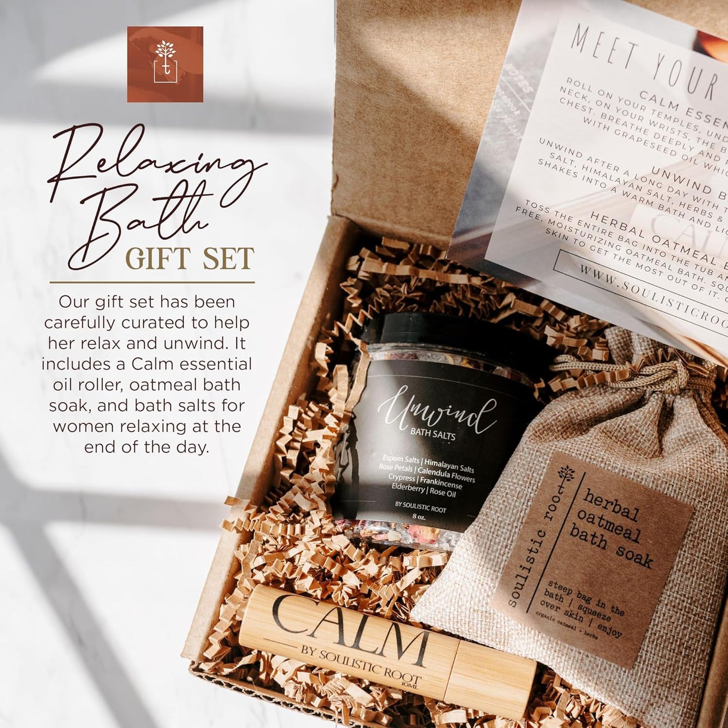 Soulistic Root Relaxing Bath Gift Set, Luxury Spa Gifts for Women, Self Care Products for Women and Men, Calm Essential Oil Roller, Oatmeal Lavender Bath Soak & Epsom Salts with Essential Oils