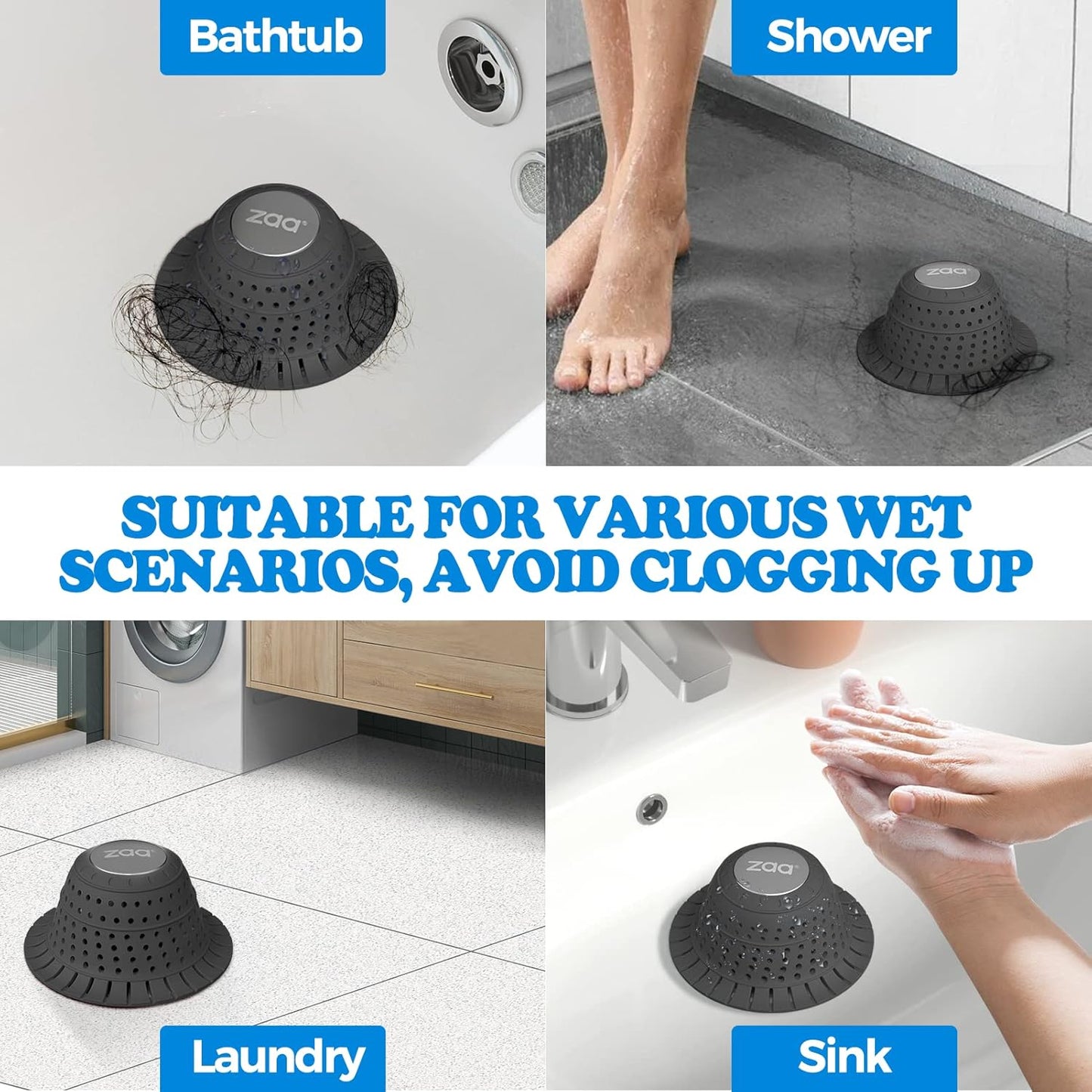 zaa Bathtub Drain Hair Catcher, Silicone Collapsible 1 Pack Drain Protector for Pop-Up and Regular Drains of Shower,Tub, Bathroom, Sink, Charcoal Black