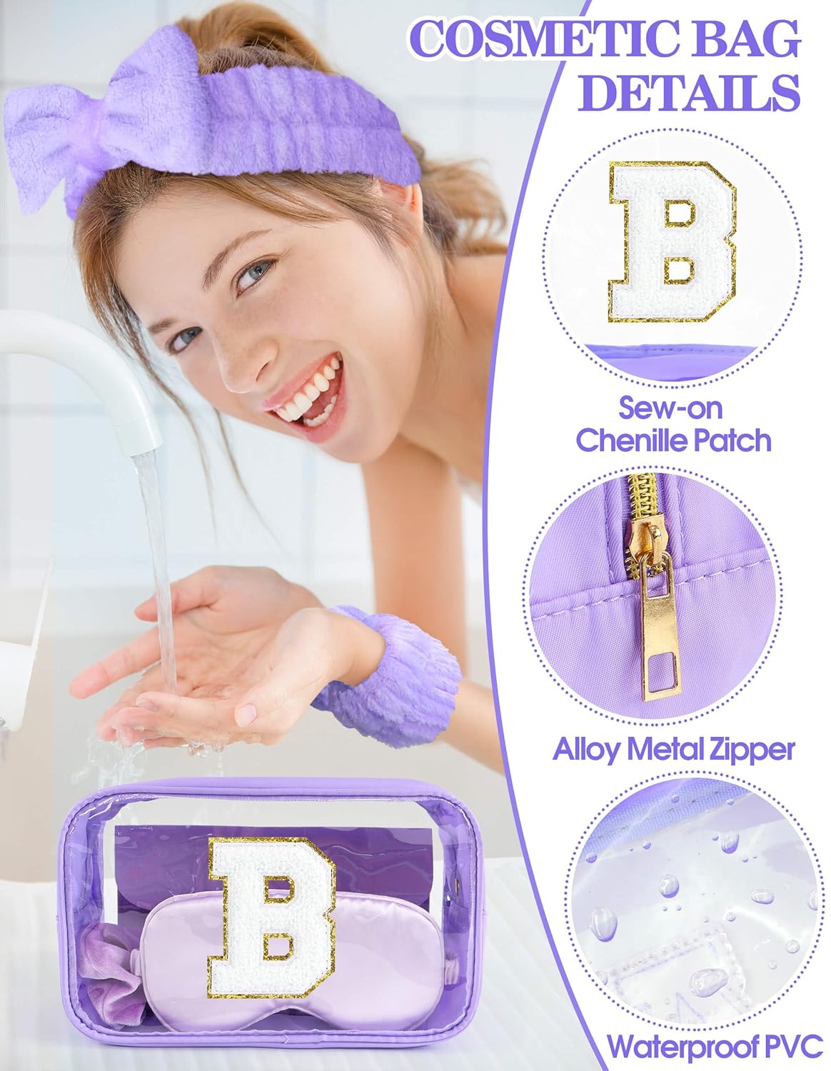 Gift Sets for Women, Initial Makeup Bag with Makeup Brush Set Bachelorette Party Favors, Purple Spa Kit with Skincare Headbands Wrist Bands Sleepover Party Supplies Gifts for Teen Girls Bridesmaid B