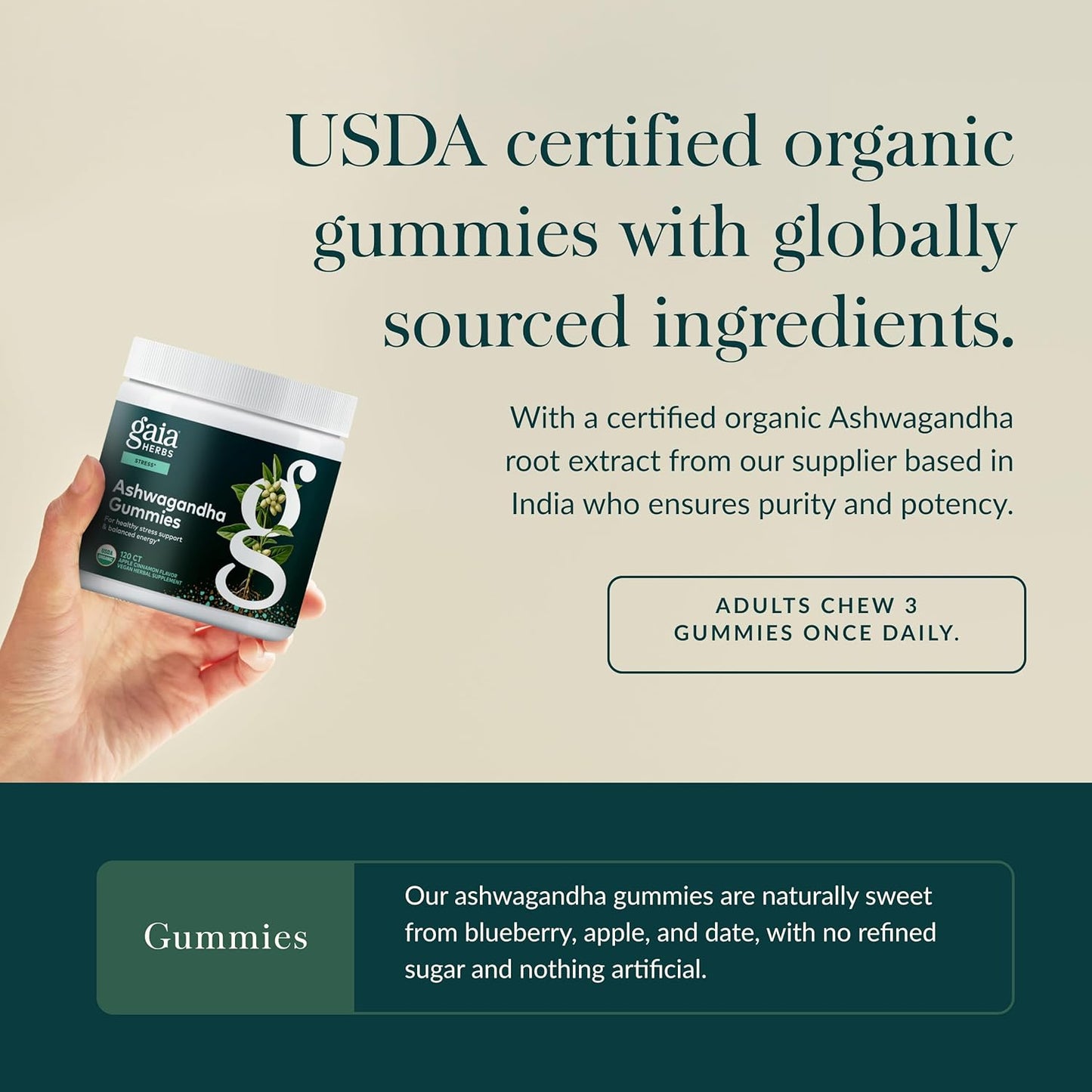 Gaia Herbs Organic Ashwagandha Gummies, Stress Support, Cinnamon, Ginger, Gluten Free, Vegan, 120 Count