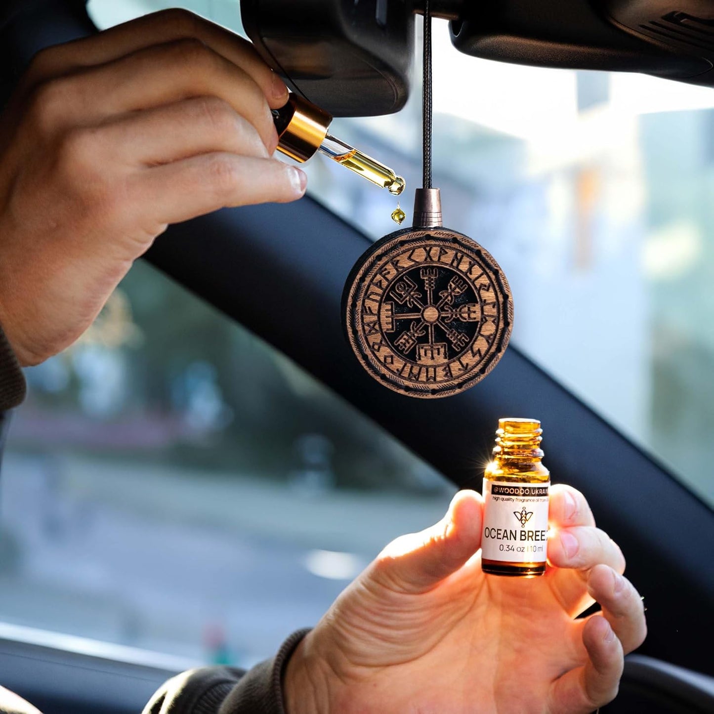 Wood Car Air Freshener — Handmade Car Air Freshener — Vegvisir Designed Fragrance Oil Diffuser in Wooden Gift Box — Aromatherapy Gift Set with Ocean Breeze Fragrance Oil - 10 ml