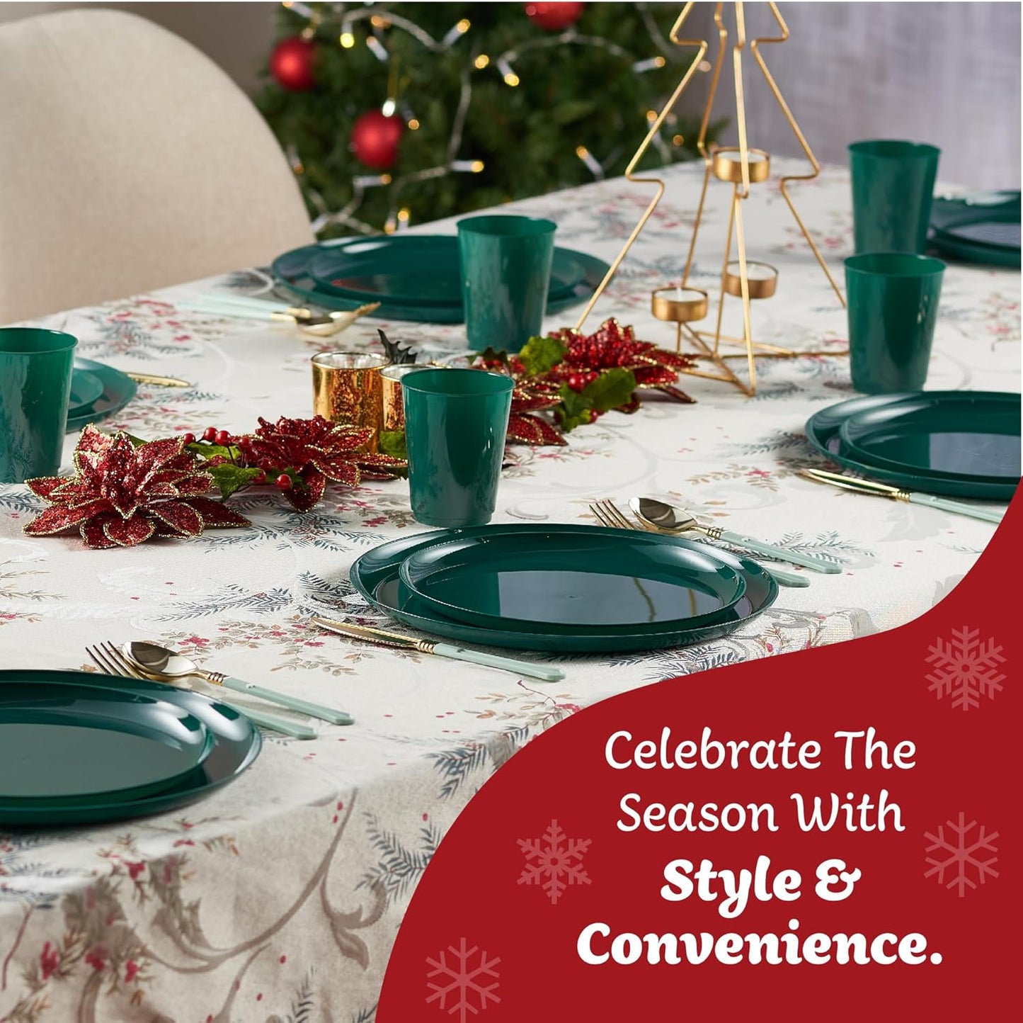 PLASTICPRO [30 Pack 6.3'' Christmass Green Plastic Party Plates Edge Collection Premium heavyweight Elegant Disposable Tableware Dishes