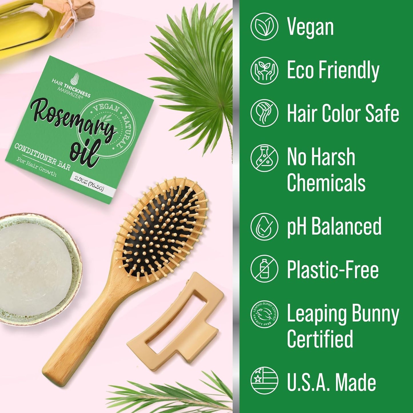 Rosemary Oil for Hair Growth Conditioner Bar. Eco Friendly, Vegan, Color Safe, pH Balanced. Solid Conditioner Bar Equal To 3 Liquid Bottles. Zero Plastic, USA Made, Strengthening & Dry Hair Relief