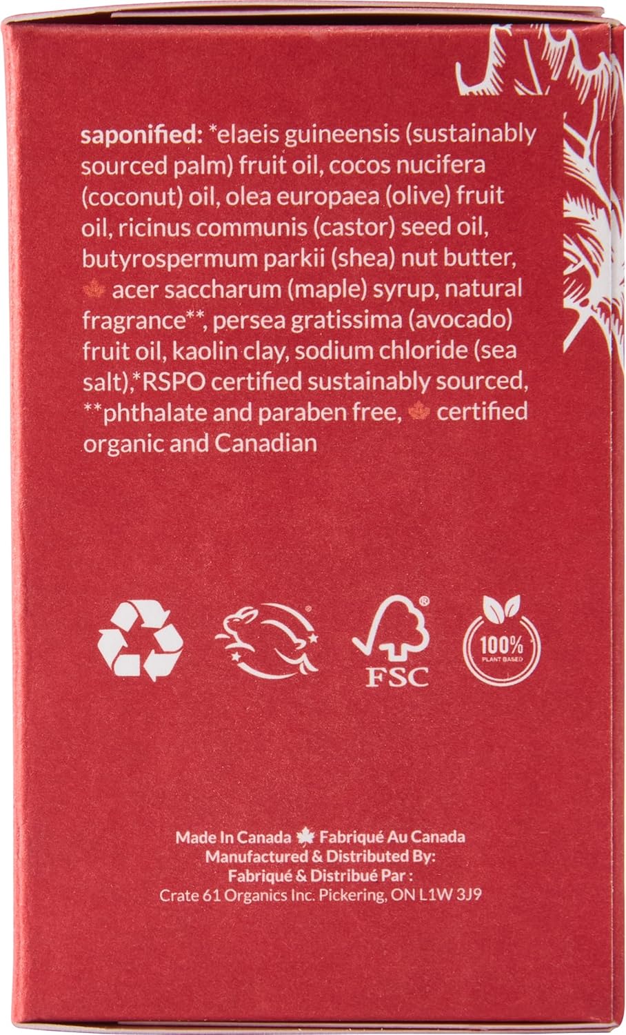 Crate 61, Handmade in Canada, Plant Based Cold Process Natural Bar Soap Cold Pressed For Face And Body, With Premium Oils (Canadian Maple)