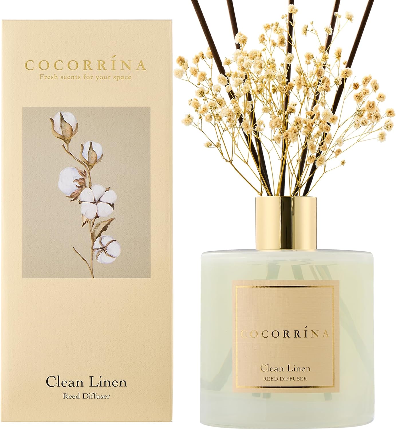 COCORRÍNA Reed Diffuser - Clean Linen 17 Fl.oz Reed Diffuser with 8 Sticks Scented Diffuser with Preserved Flowers for Bathroom Home Decor