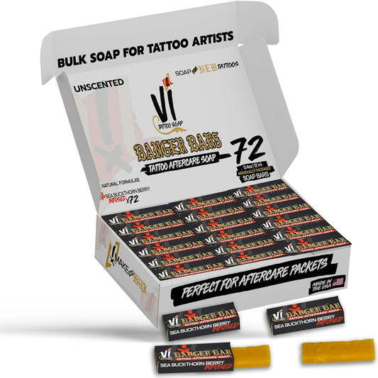 Banger Bars Tattoo Aftercare Bulk Soap – 72 Count | Sea Buckthorn Berry, Individually Packaged 0.4oz Bars for Artists, Studios & Shops | Unscented Gentle Cleansing Formula, Wholesale Supplies