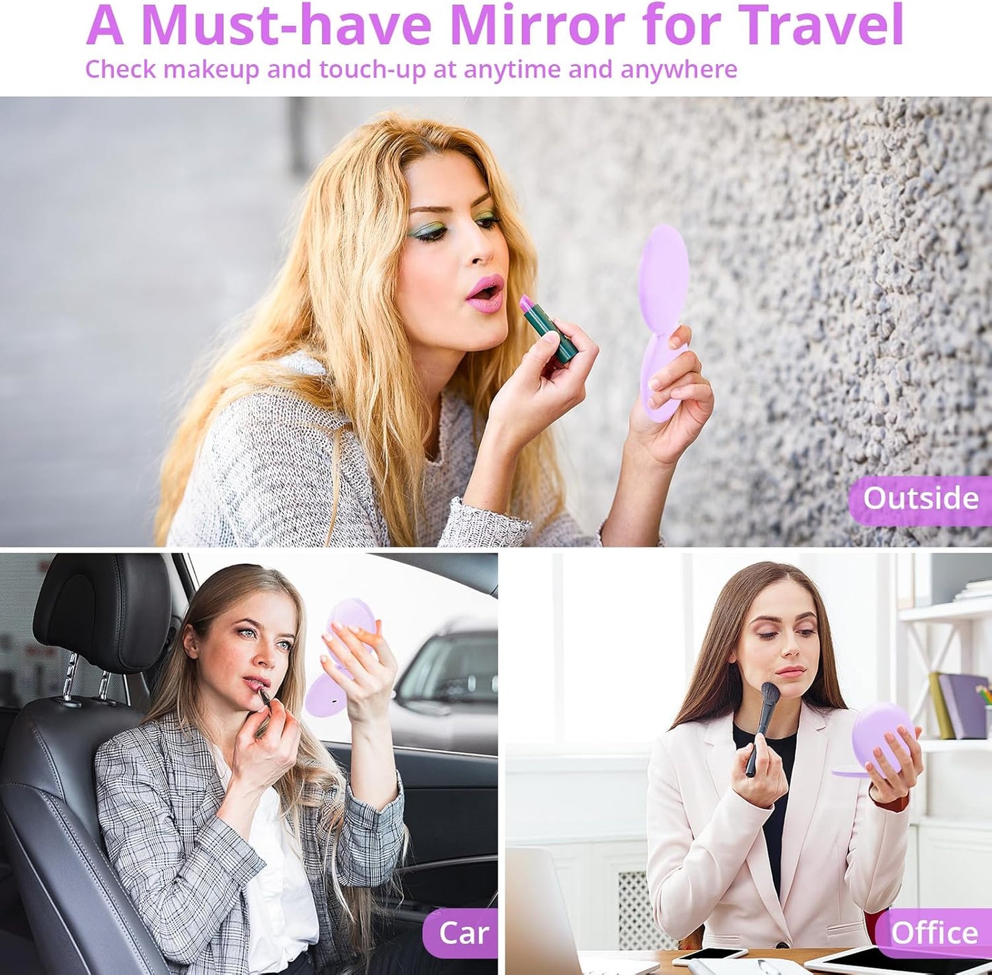 Fabuday Travel Compact Magnifying Makeup Mirror with Lights - Large 4.8'' Wide Led Lighted Portable Mirror with 1x/20x Magnification, Rechargeable Small Foldable 3 Color Lighting Mirrors, Purple