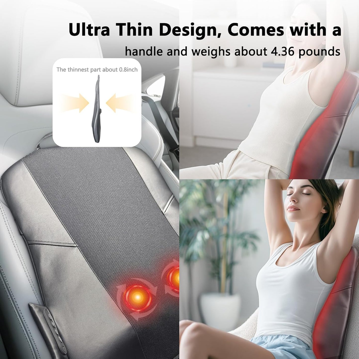 Back Massager for Pain Relief Deep Tissue, Ultrathin Rolling Up and Down Full Back Massage with Heat, 4D Shiatsu Kneading, Shoulder Massager, Extended Widened Design for Home, Office, Car Use, Black