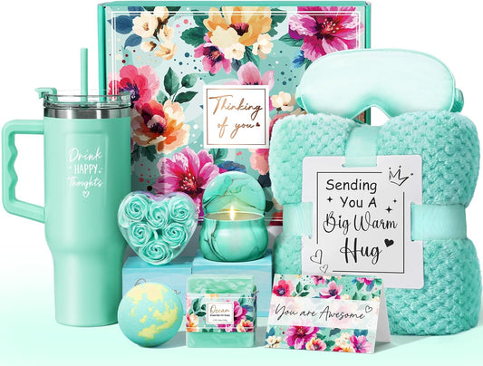 Birthday Gifts for Women Self Care Get Well Soon Gifts, Ocean Relaxing Spa Gifts Box Care Package Basket w/ Luxury Flannel Blanket 40 oz Tumbler, Christmas Gifts Set for Mom Her Wife Girlfriend Sister