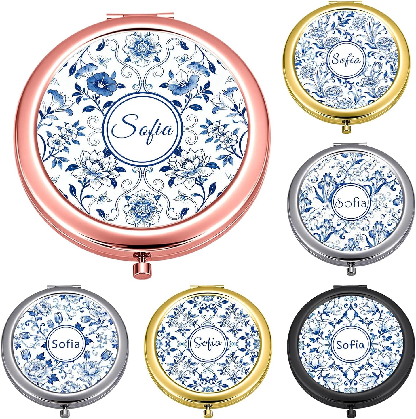 Custom Compact Mirror with Name - Personalized Flip Makeup Travel Pocket Mirror Gift for Women Bridesmaids Wedding Birthday (Blue Flower Line)