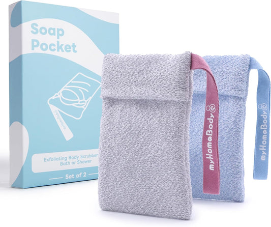 myHomeBody Soap Pocket for Gentle Exfoliating, Lather Mesh Bag, Body Scrubber Exfoliator, Pouch for Shower, Leftover Bits Saver, Light Blue, Gray - 2 Pack