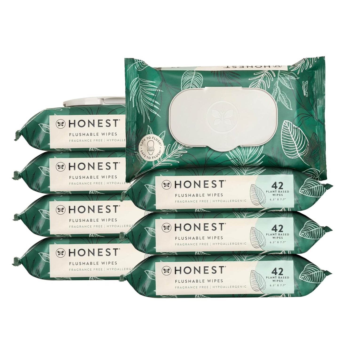 The Honest Company Flushable Wipes for Sensitive Skin | Fragrance Free, Hypoallergenic, 99% Water, Safe to Flush | pH Balanced Feminine Wipes | Tropical Leaves, 336 Count