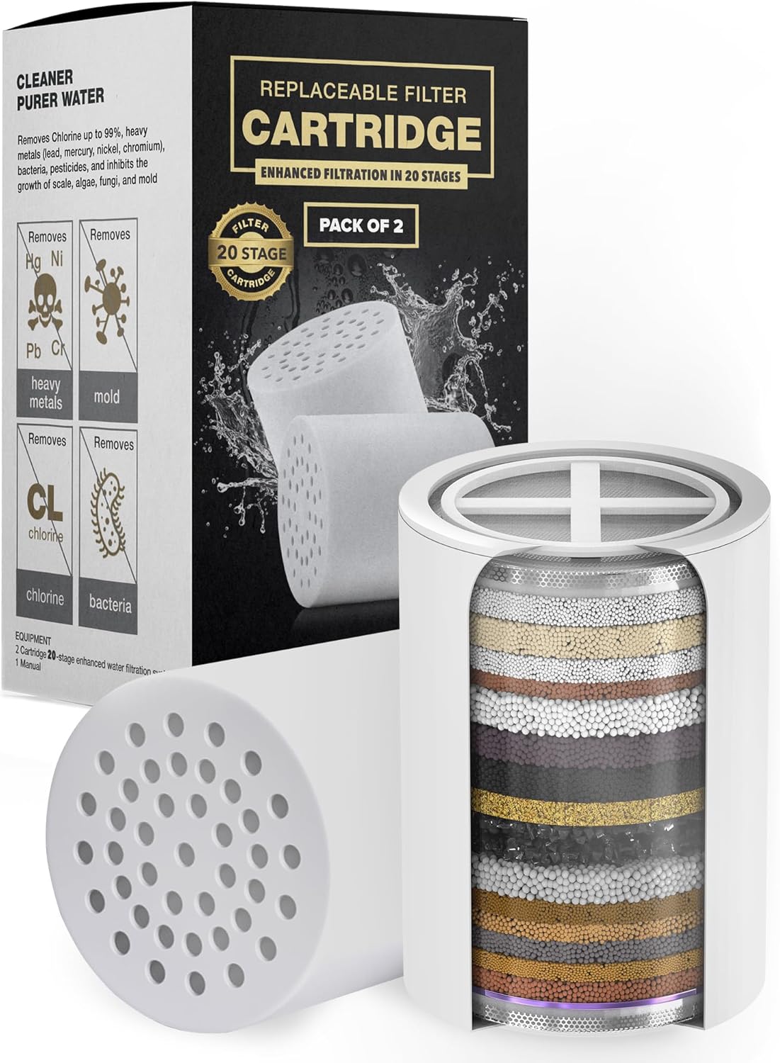 AquaHomeGroup 20 - Stage Replacement Premium Filter Cartridge 2-pack (No Housing), Compatible with Any Shower Filter of Similar Design 15 and 20 stages