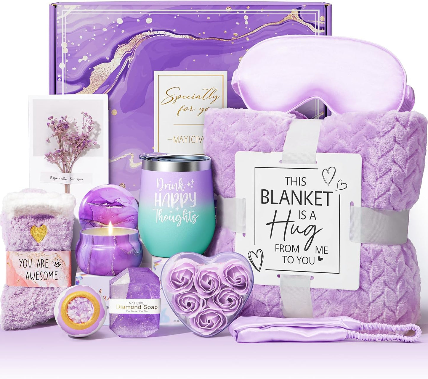 Birthday Gifts for Women Self Care Gifts Get Well Soon Gifts, Lavender Relaxing Spa Gifts Basket Care Package w/ Luxury Flannel Blanket, Unique Christmas Gifts Idea for Mom Her Friend Sister Wife