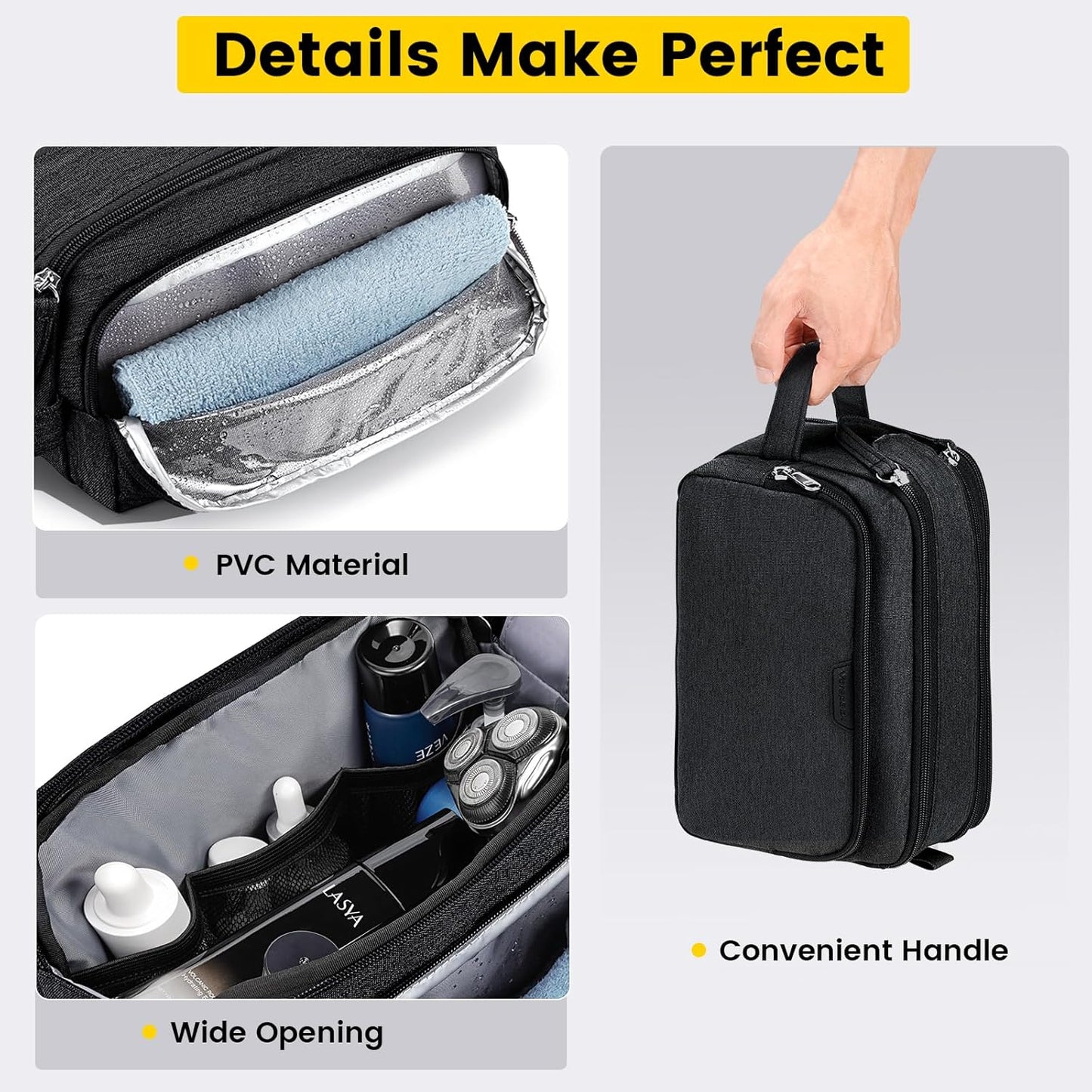 Vorspack Travel Toiletry Bag - Water Resistant Travel Bag for Toiletries, Cosmetics, Accessories, Gifts for Men - Black