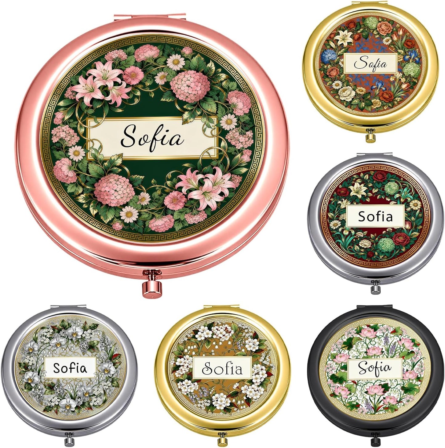 Custom Compact Mirror with Name - Personalized Flip Makeup Travel Pocket Mirror Gift for Women Bridesmaids Wedding Birthday (Classic Flower)